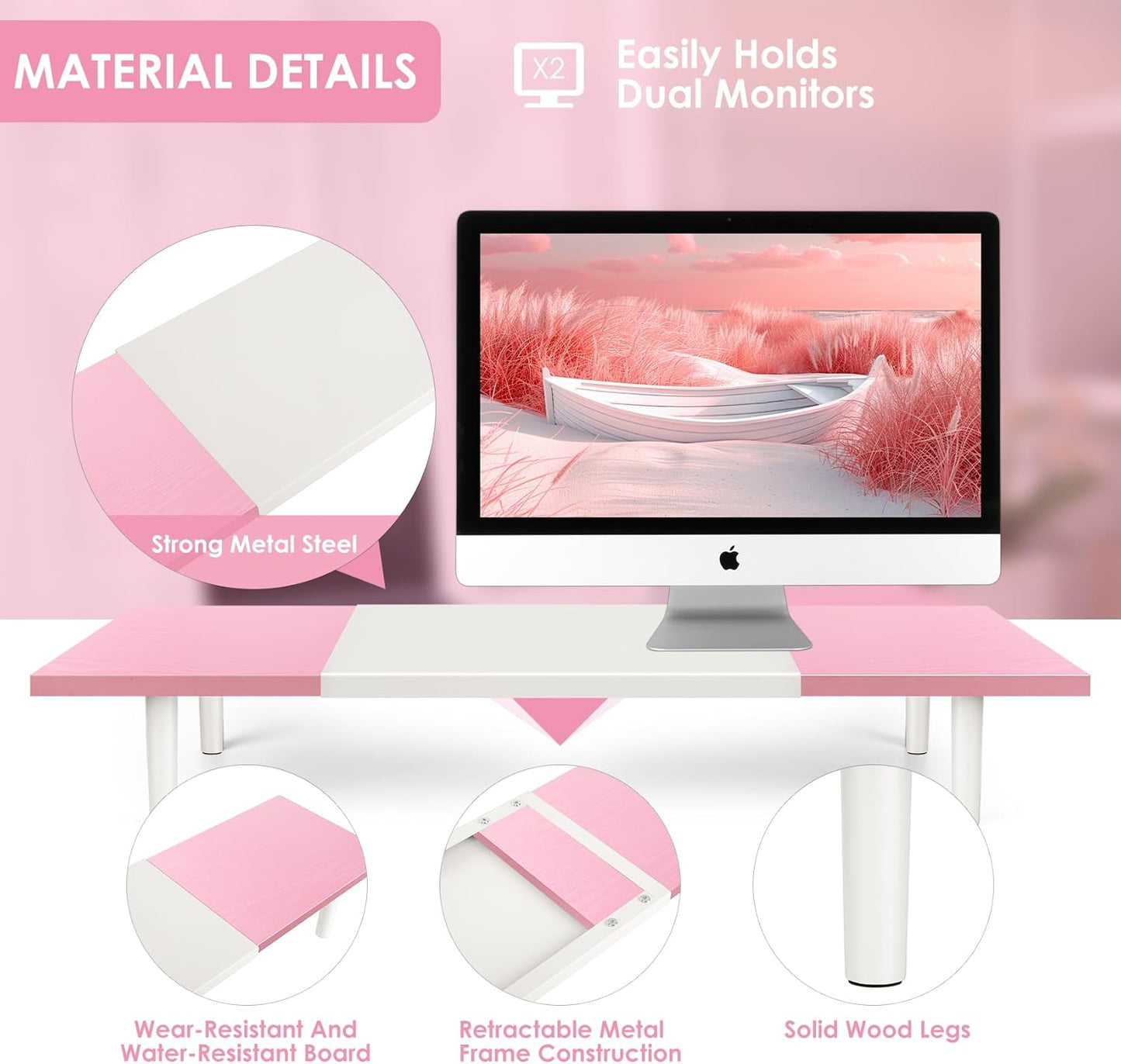 Dual-Monitor-Stand-Riser-For-Desk Adjustable Length 32-40 Inch，Large Desktop Computer Monitor Riser For 2 Screens，Desk Shelf Organizer Riser Stand For Computer/Laptop/PC/Printer/TV