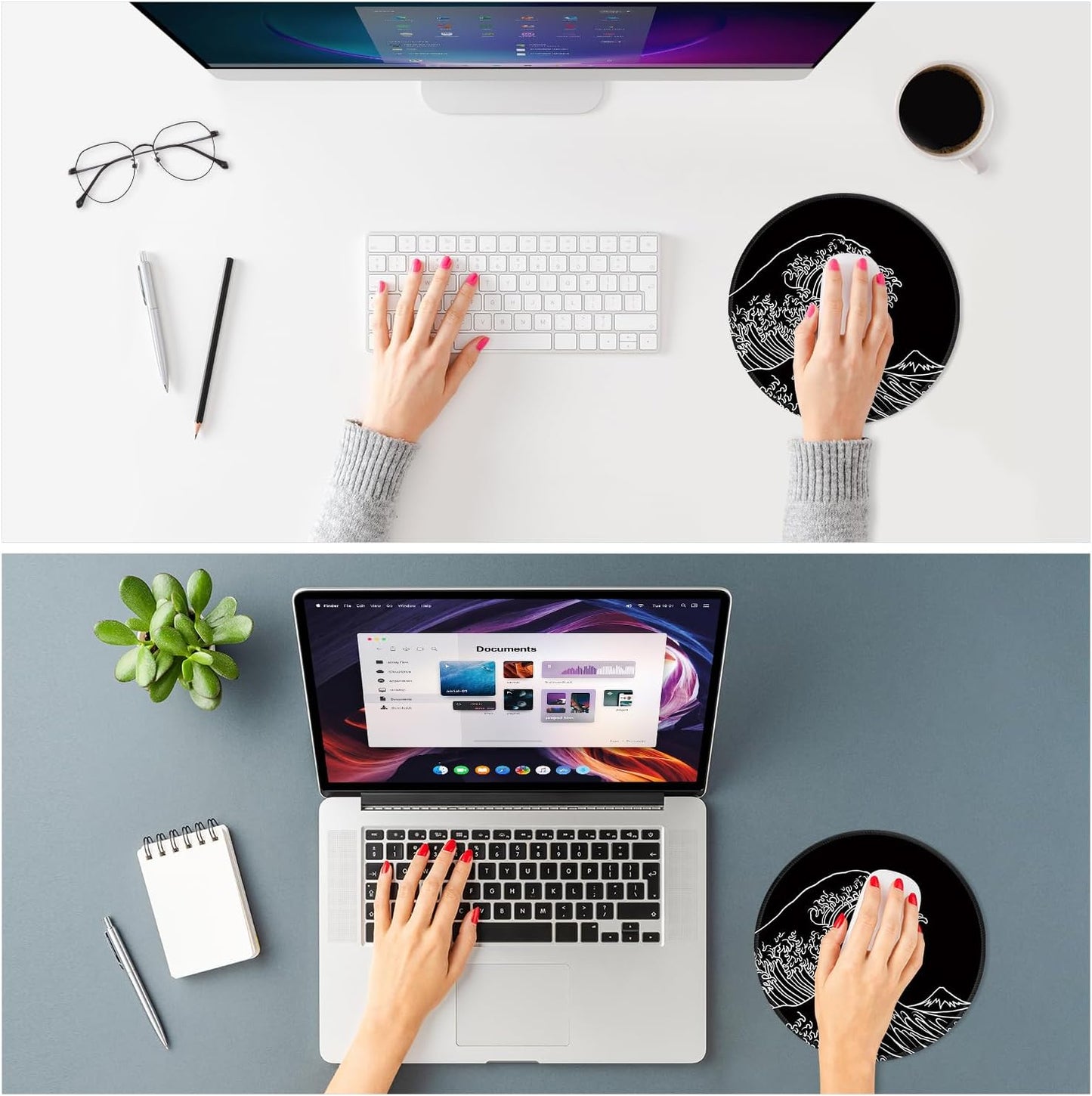 ITNRSIIET Mouse Pad Non-Slip Rubber Base Smooth Surface Stitched Edges Waterproof Durable Compatible with All Mice for Office & Gaming, Desk Accessory, Diameter 8.7 inch, Wave