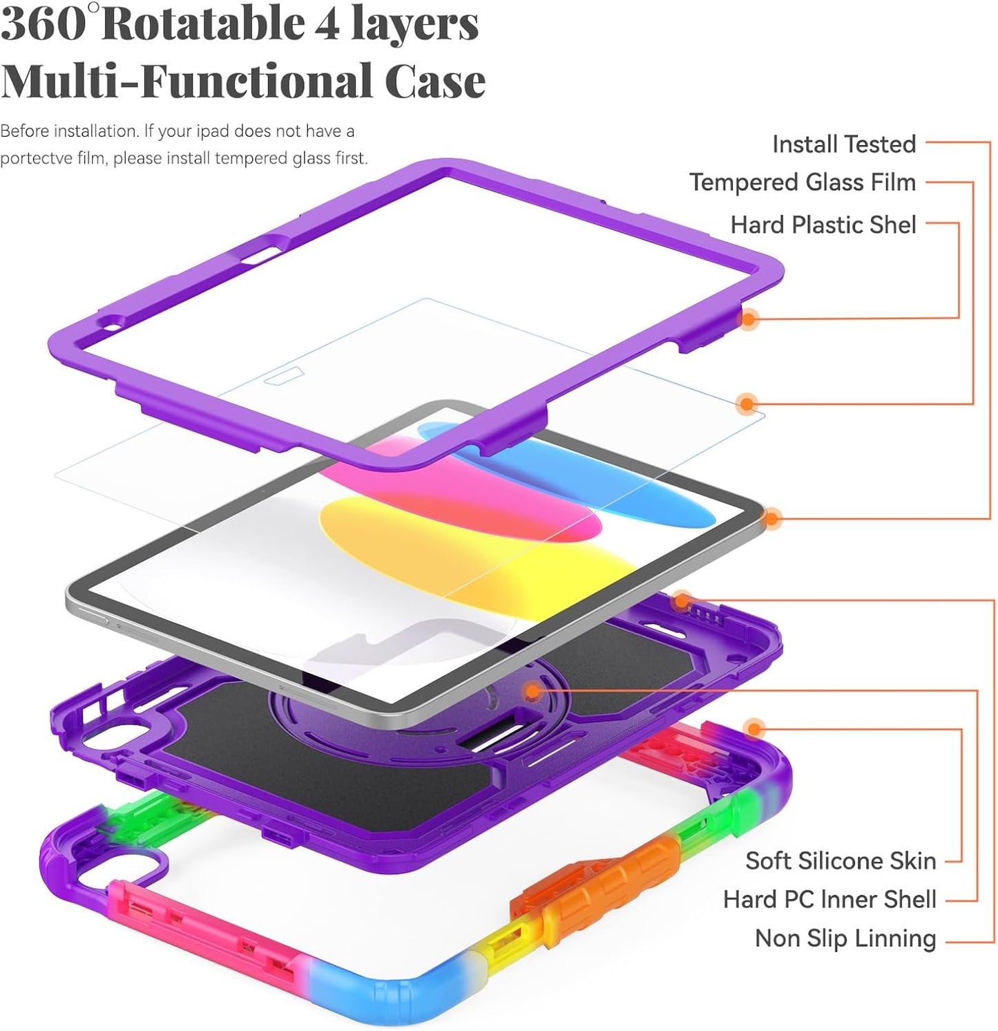 BLOSOMEET Case for iPad A16 11th/10th Generation 11''/10.9'' 2025/2022 with Tempered Glass Screen Protector & Pencil Holder, Rugged Military Grade Cover w/Stand Hand Shoulder Strap, Purple