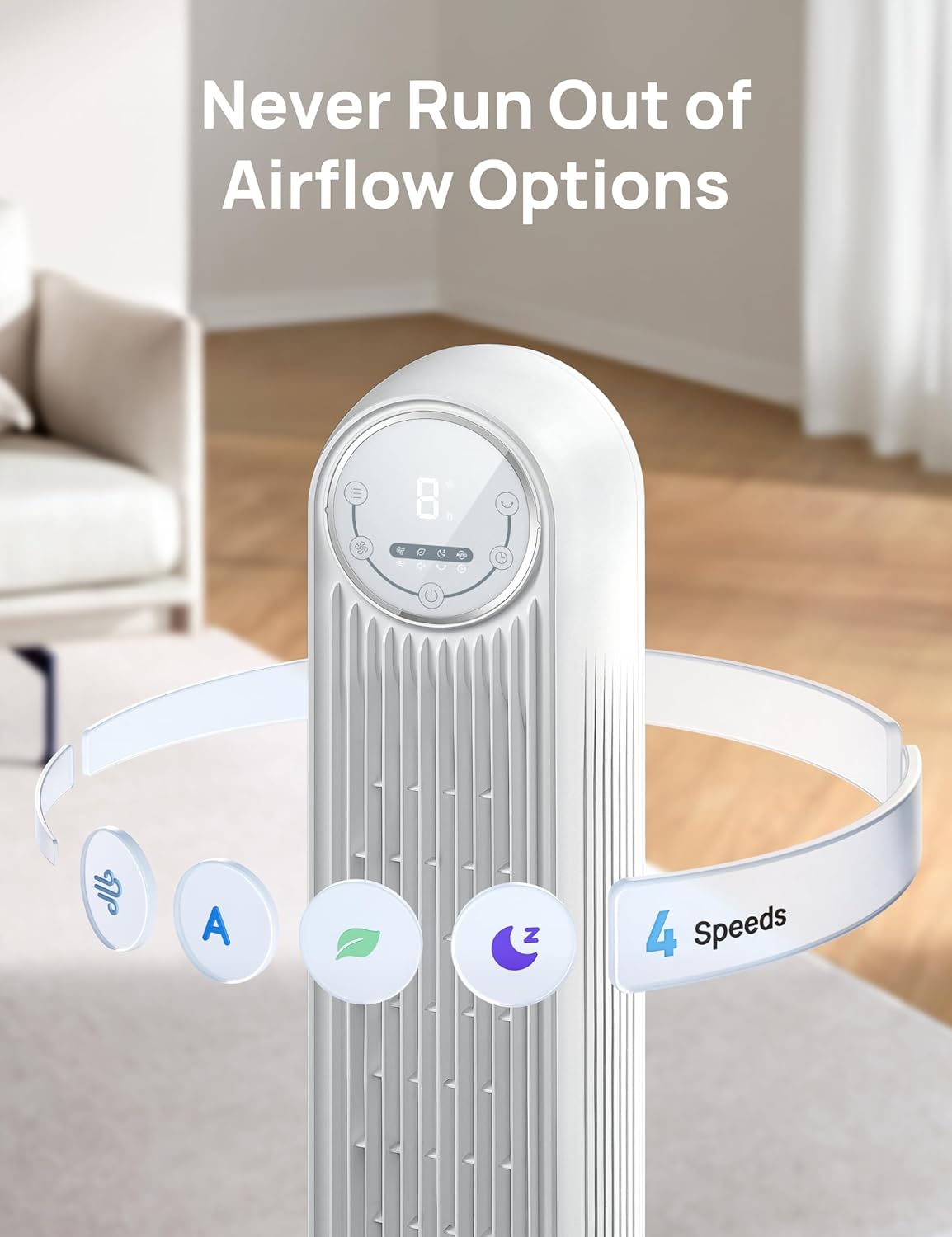 Dreo Tower Fan for Bedroom, 25ft/s Velocity Quiet Floor Fan, 90° Oscillating Fans for Indoors with 4 Speeds, 4 Modes, 8H Timer, Standing Fans, Bladeless Fan, White, Nomad One (DR-HTF007)