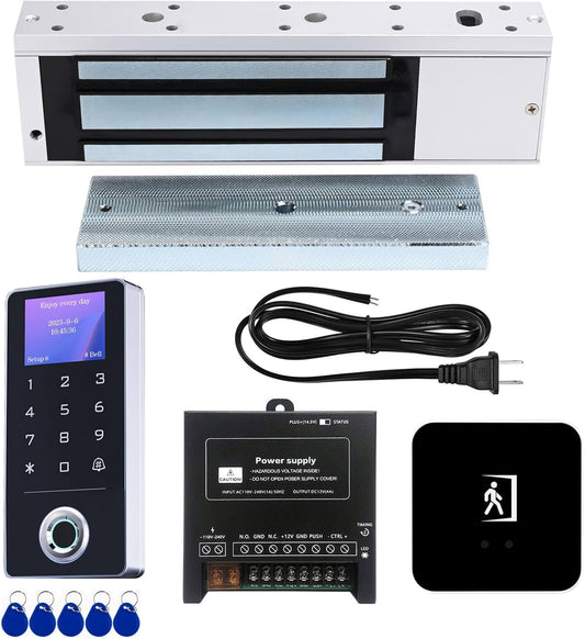 Door Access Control System Kit - Fingerprint, RFID Card, and Password Entry, 1200LB Magnetic Lock, Infrared Wireless Switch, Waterproof Door Access Controller with LCD Screen Display
