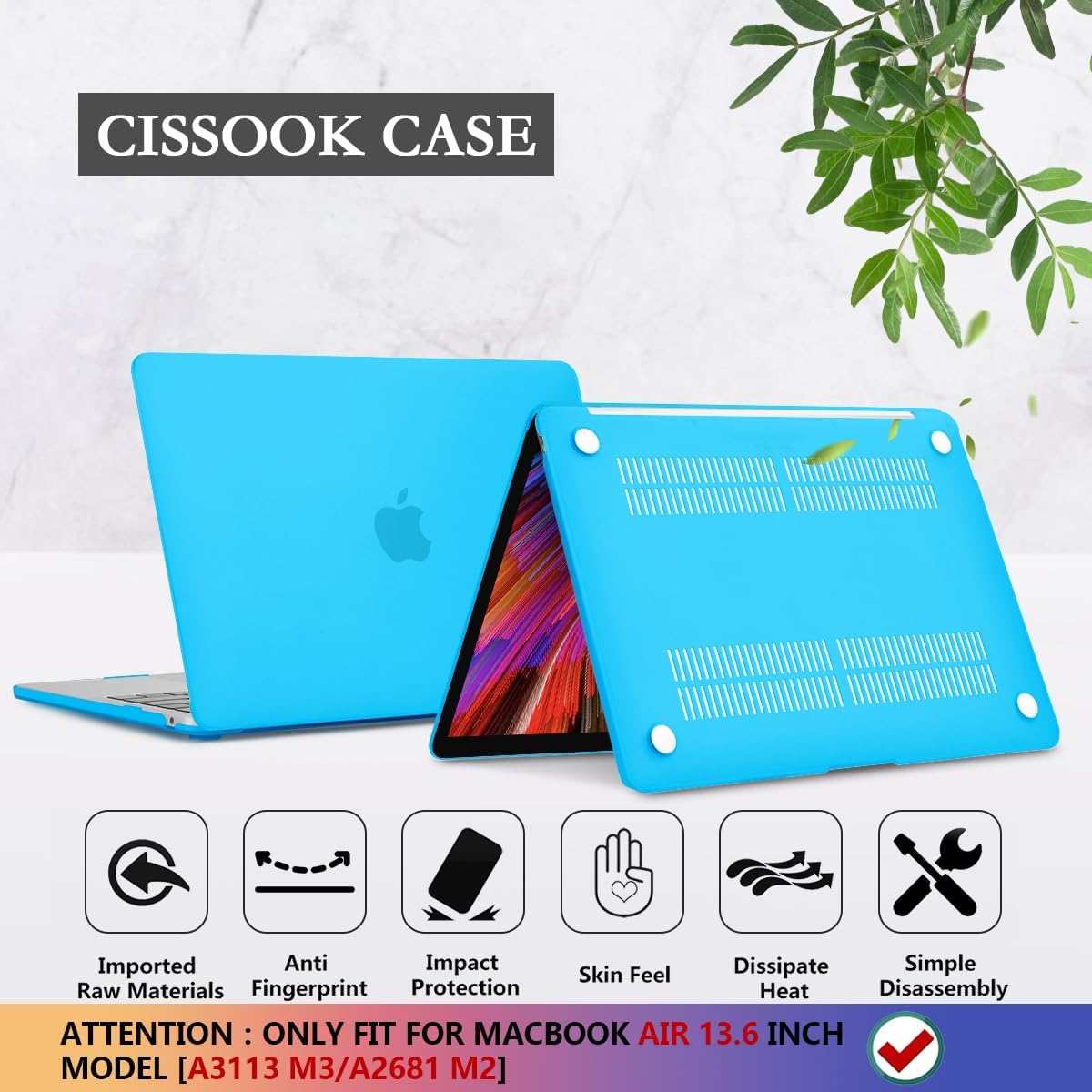 CISSOOK for MacBook Air 13.6 inch 2022 2024 2025 Release M2 M3 Chip Model A2681 A3113, Plastic Hard Shell Case for MacBook Air 13.6 inch M2 M3 with Keyboard Cover Screen Protector, Frosted Sky Blue