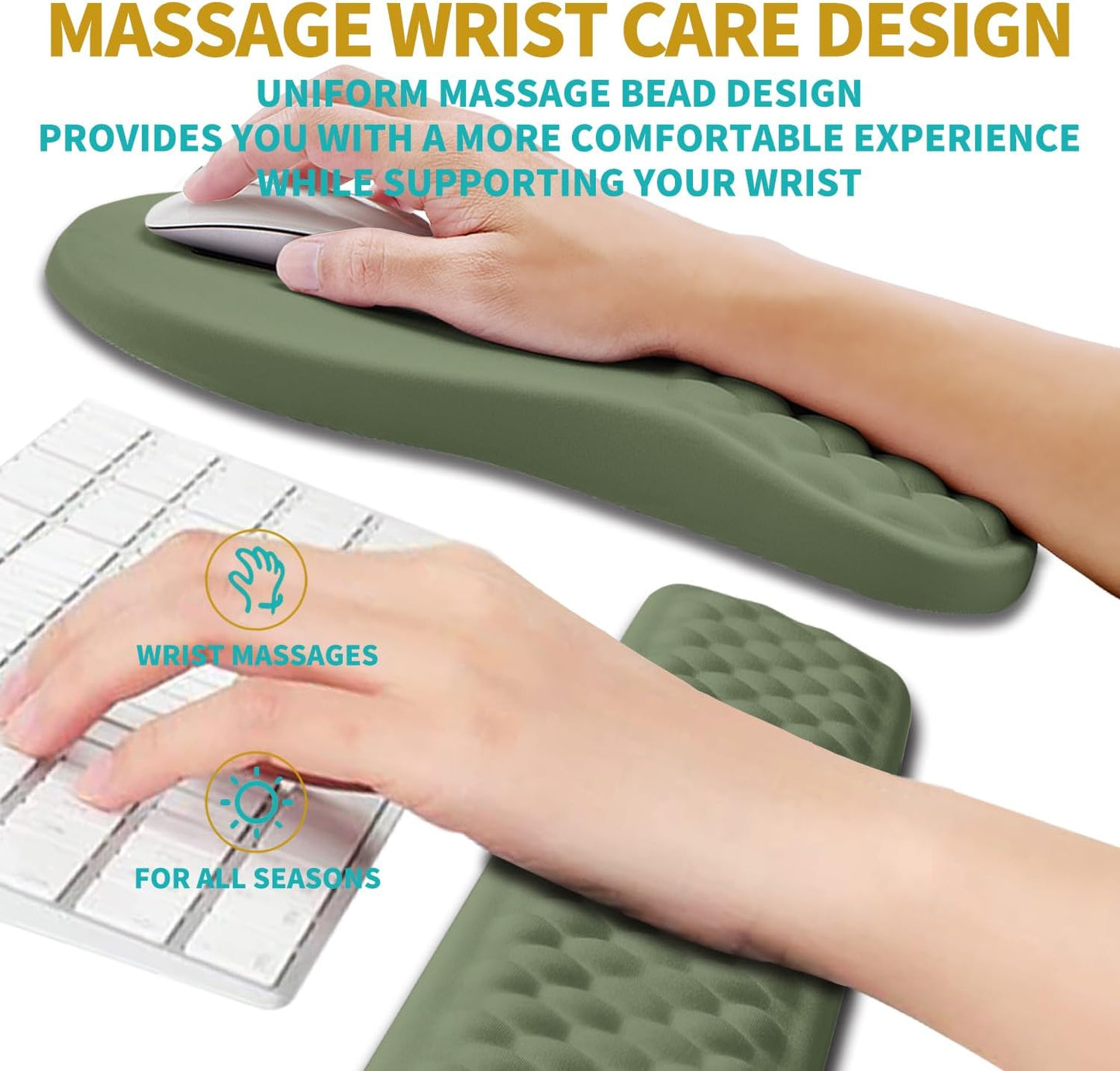 Hokafenle 2 in 1 Ergonomic Mouse Pad Wrist Support & Wrist Rest for Computer Keyboard Set, with Relieve Carpal Tunnel Pain Massage Bulge and Full Memory Gel Design (2In1 Set, Dark Green)