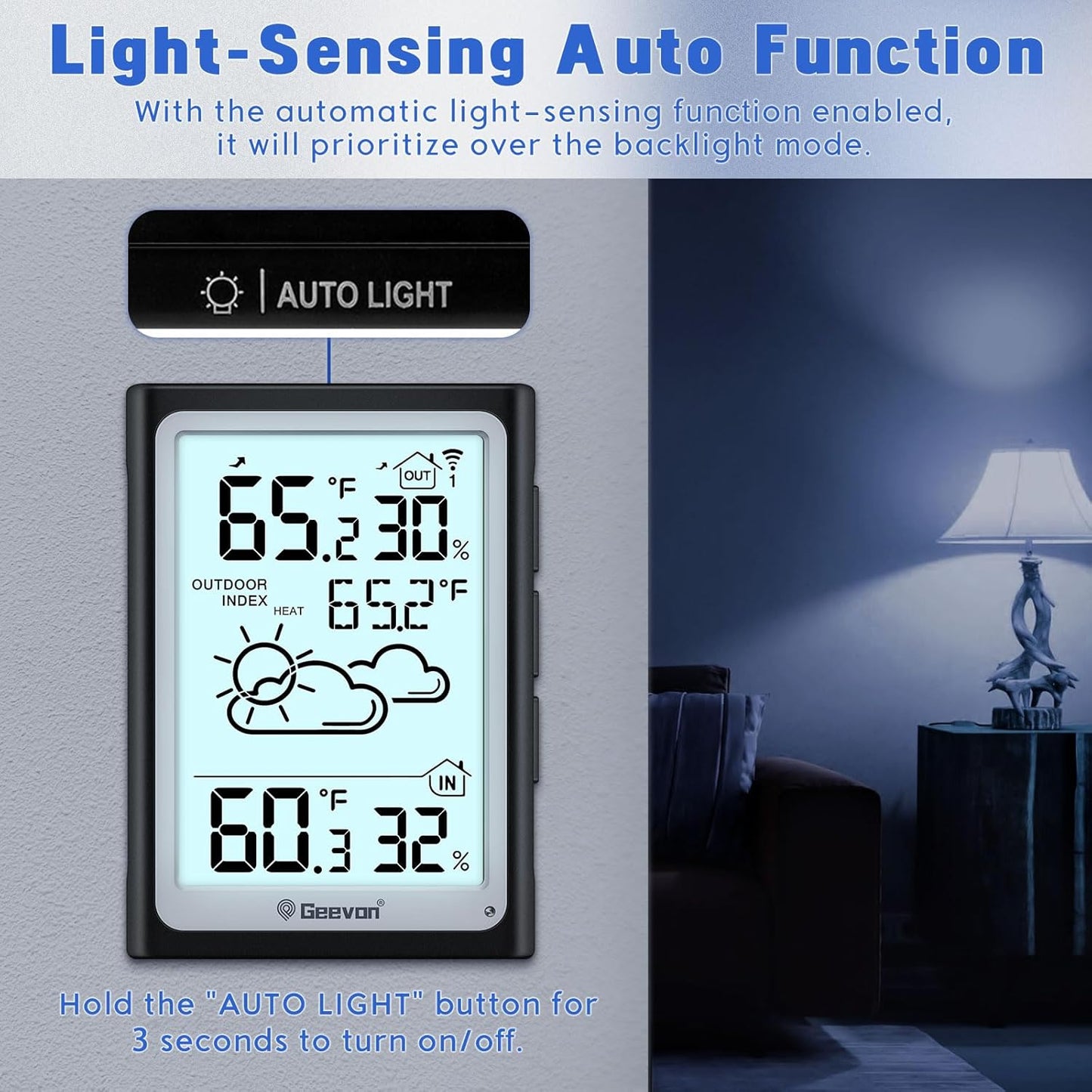 Geevon Large Display Digital Thermometer Hygrometer, Accurate Indoor Outdoor Temperature Humidity Monitoring, Wireless Weather Station with 200ft/60m Range Remote Sensor, Black