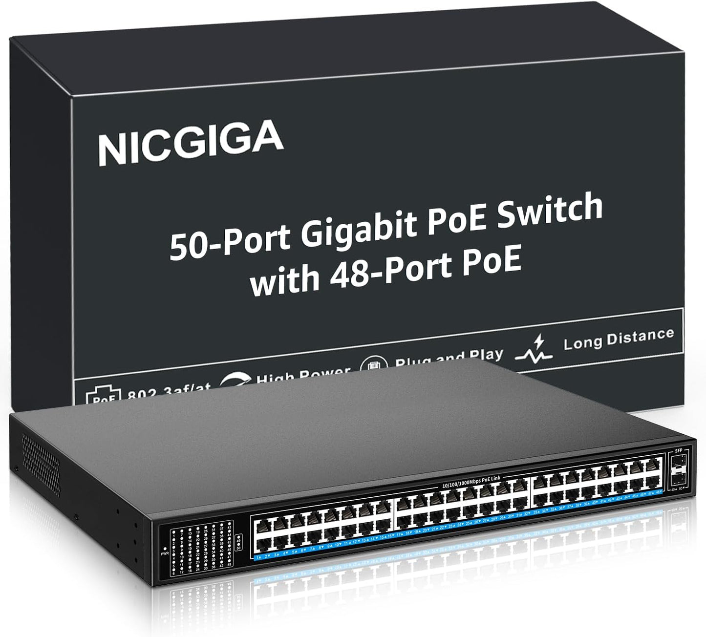 48 Port Gigabit PoE Switch Unmanaged with 48 Port IEEE802.3af/at PoE+@400W, 2 x 1G SFP, NICGIGA 50 Port Network Power Over Ethernet Switch, Desktop/Rackmount