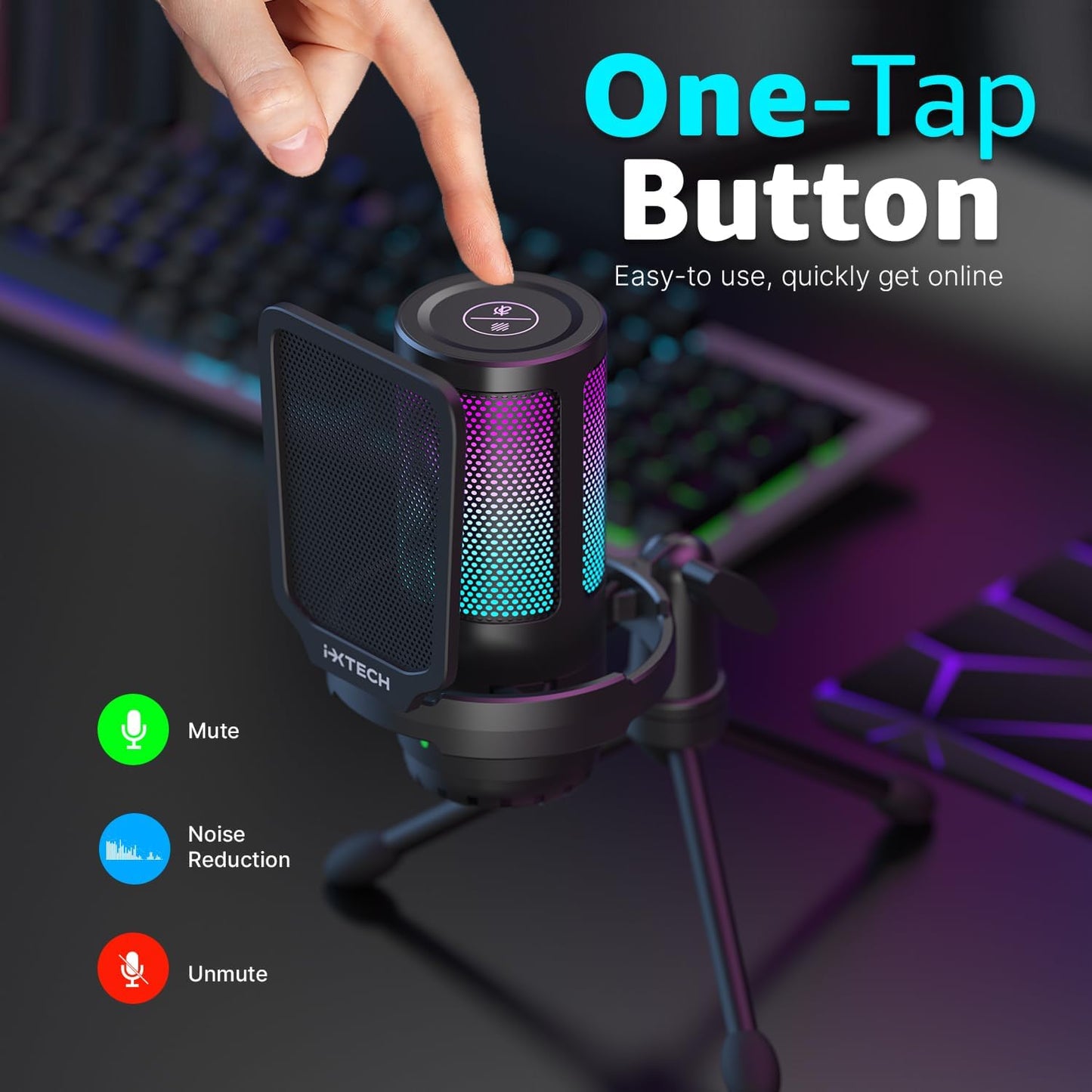 IXTECH USB Gaming Microphone for PC, RGB Condenser Microphone with Tripod Stand, Pop Filter, Rotate Gain Button, and Quick Mute, Noise Cancellation Computer Mic for Streaming, Gaming, Podcasting