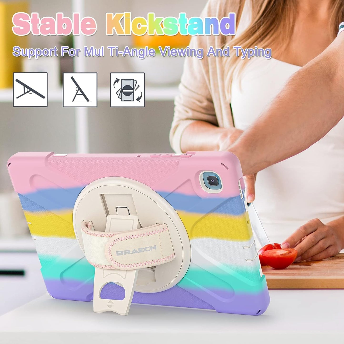 BRAECN for Galaxy Tab S6 Lite Case for Kids,Heavy Duty Rugged Shockproof Case with Hand Strap, Shoulder Strap, Stand, S Pen Holder for Samsung Galaxy Tab S6 Lite 10.4” Tablet SM-P610/P613 -Rainbow