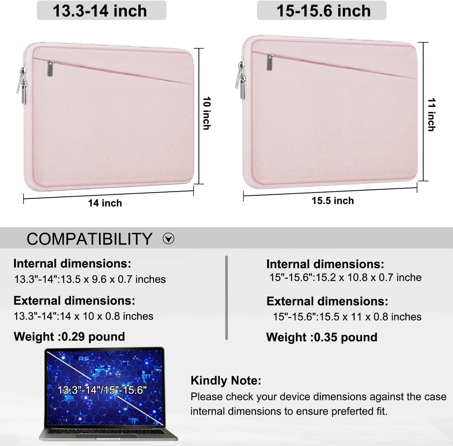 Laptop Sleeve, 15.6 inch Laptop Case, Durable Computer Carrying Bag Protective Case Briefcase Handbag with Front Pocket, Slim Laptop Case Cover for 15.6 Inch HP, Dell, Lenovo, Asus, Notebook, Pink