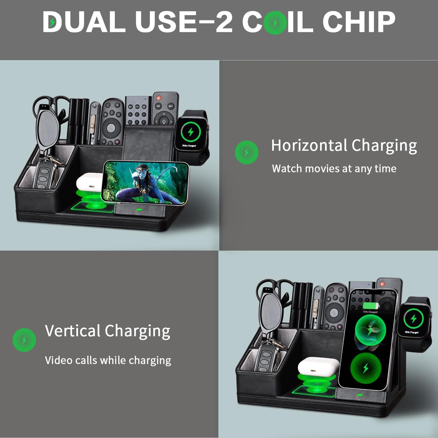 Black Leather Desk Organizer With Charging Station,Office Supplies Desk Accessories,Pen Holder for Desk,Remote Control Holder,Desk Organizer With Phone Charger,Nightstand Desktop Organizer