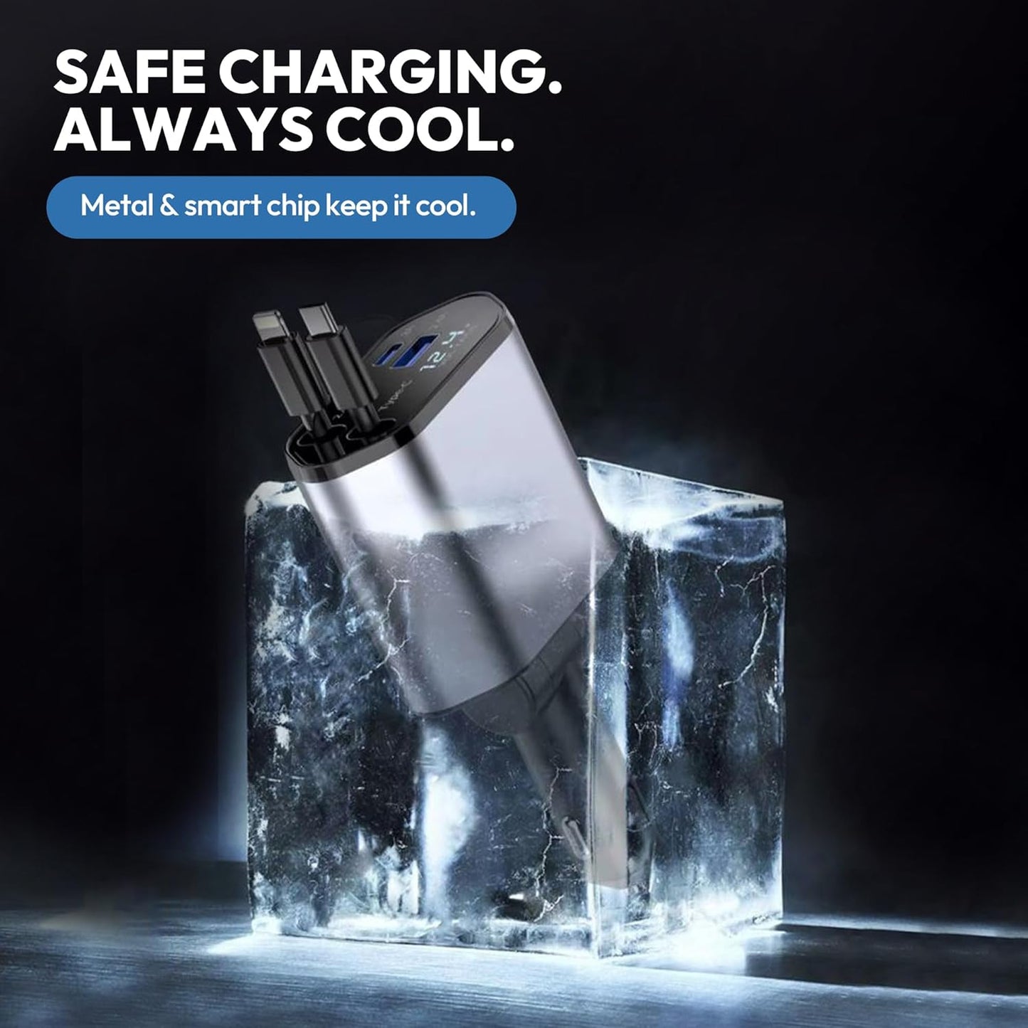 120W Retractable Car Charger 4-in-1 USB-C & Lightning Cable – Fast Charging Adapter for iPhone 16/15/14, Samsung, Android | USB Type-C Port + LED Voltage Display | Multi-Device Car Charger