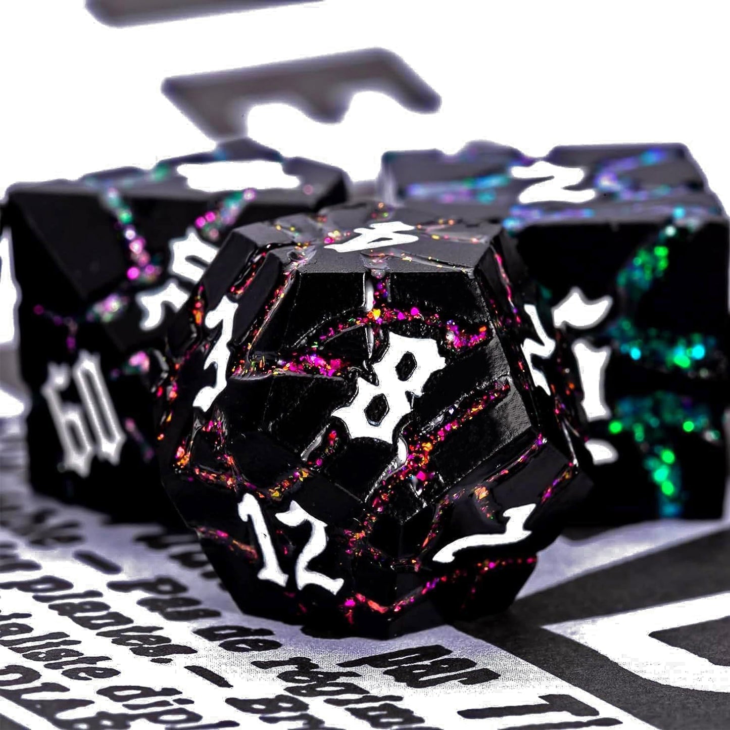 Dice Set D&D,Dungeons and Dragons Metal Dice Set with Box, Crack Glitter Polyhedral Dice for Role Playing Game (Matte Black 7 Colors)