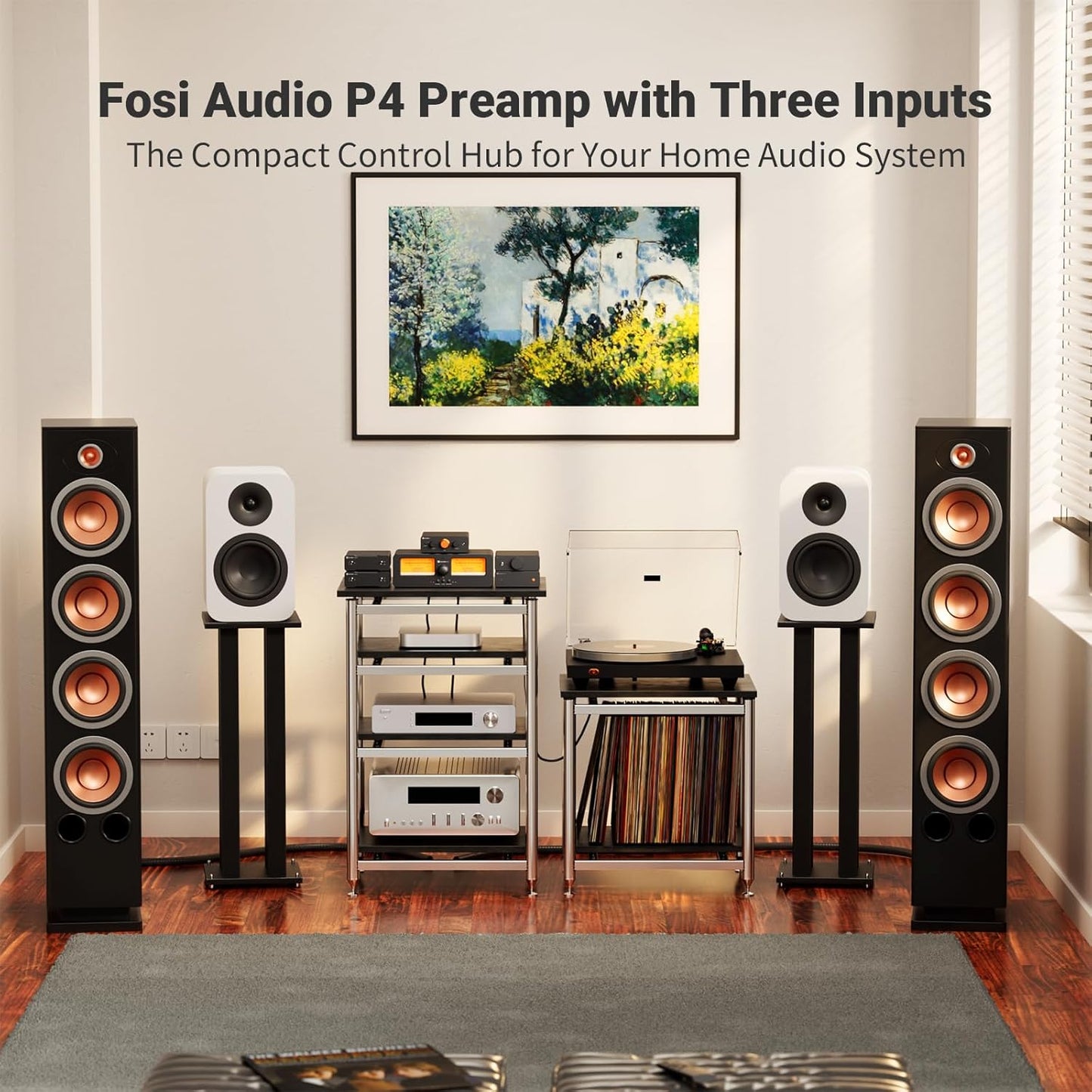 Fosi Audio P4 Mini Preamp with 3 RCA Inputs, Home Audio Stereo Pre amp for Amplifier/Active Subwoofer/Speakers, Preamplifier with 3-Level Adjustable Gain 3/6/9 dB, Bass and Treble Control