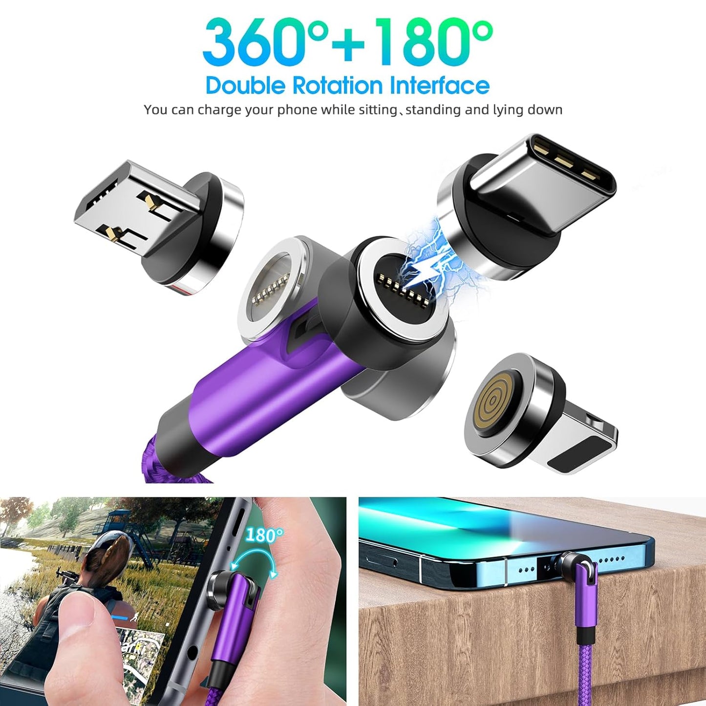 5-in-1 Magnetic Charging Cable, 540° Rotation Magnetic Phone Charger [4-Pack, 3ft/3ft/6ft/10ft] USB A/Type C Fast Charging Charger Cable for iproduct/Micro USB/USB C Devices-Purple
