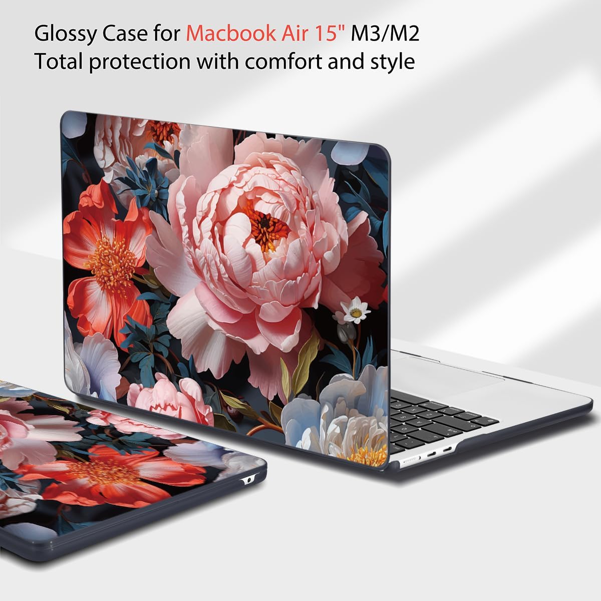 Teryeefi Compatible with MacBook Air 15 inch Case Release 2023 2024, Fits Model A3114/A2941,Design Pattern Slim Cover + Keyboard Cover + OTG Adapter for 15.3 inch MacBook Air M2 M3, Colorful Peonies