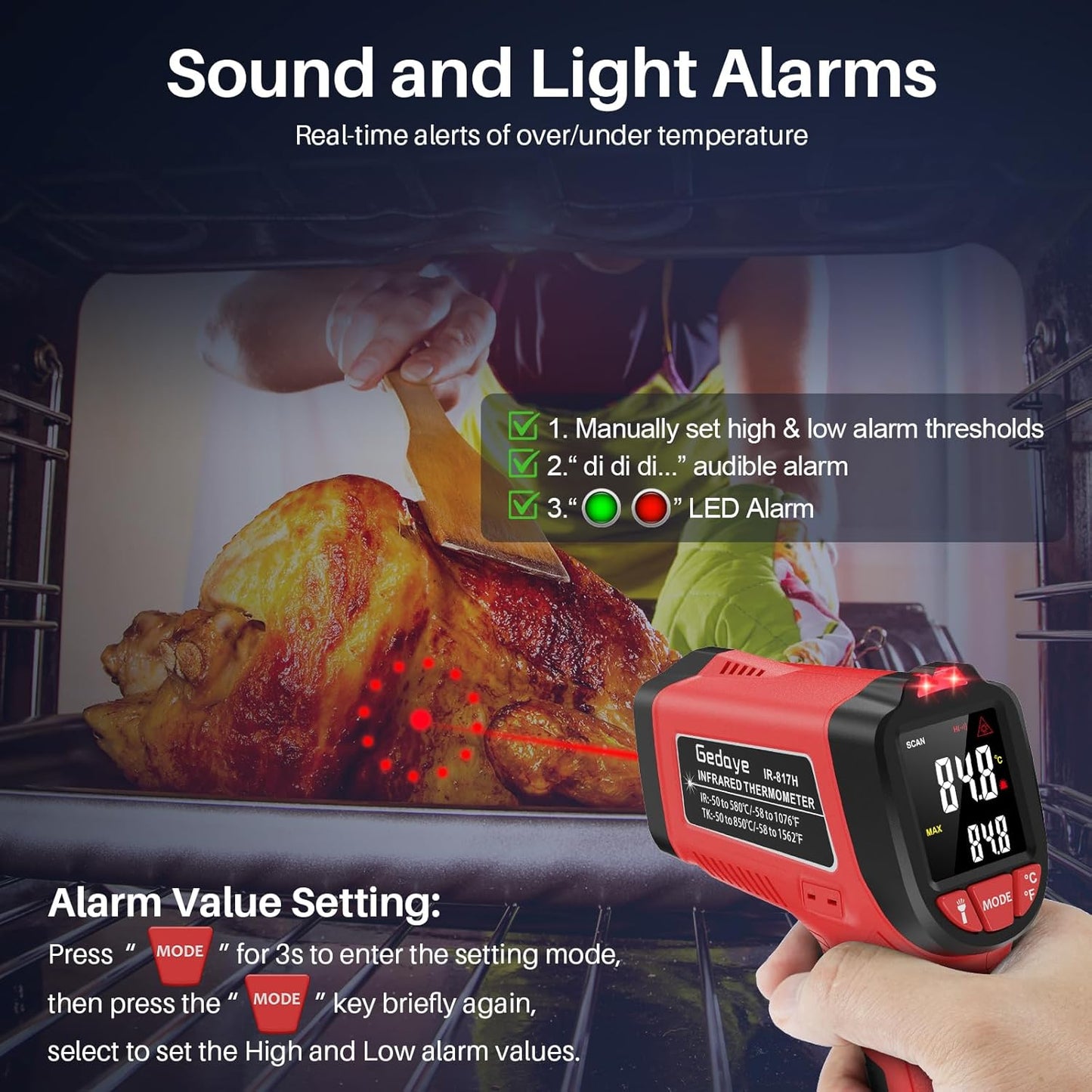 Infrared Thermometer Gun, Gedaye Laser Temperature with IR Pointer 13:1, Meat Temp Gun with Metal Probe, Adjustable Emissivity, -58℉ to 1076℉, Heat Thermometer for Cooking Pizza Oven Grill Fridge BBQ