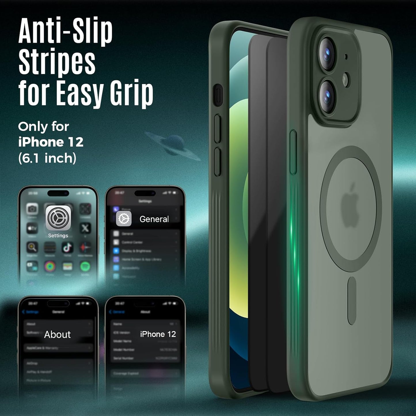 Designed for iPhone 12 Case, Compatible with MagSafe, with Privacy Screen Protectors X2, [Camera Protection] [15FT Military Drop Protection] Shockproof Phone Case, 6.1", Alpine Green