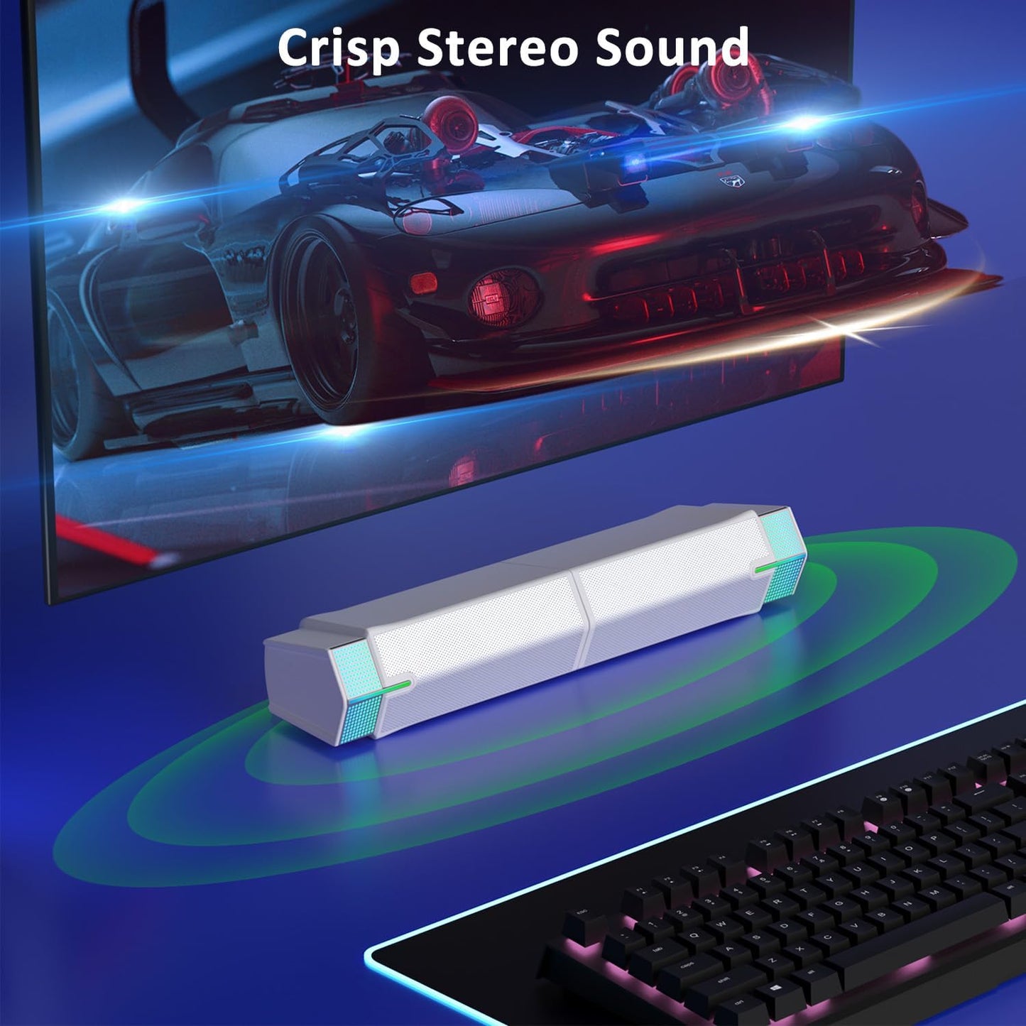 Jeecoo M20 Bluetooth Computer Speakers for PC Desktop Monitor, Gaming PC Sound Bar - Wired USB-Powered, Superb Stereo Sound, with LED Lighting (White)