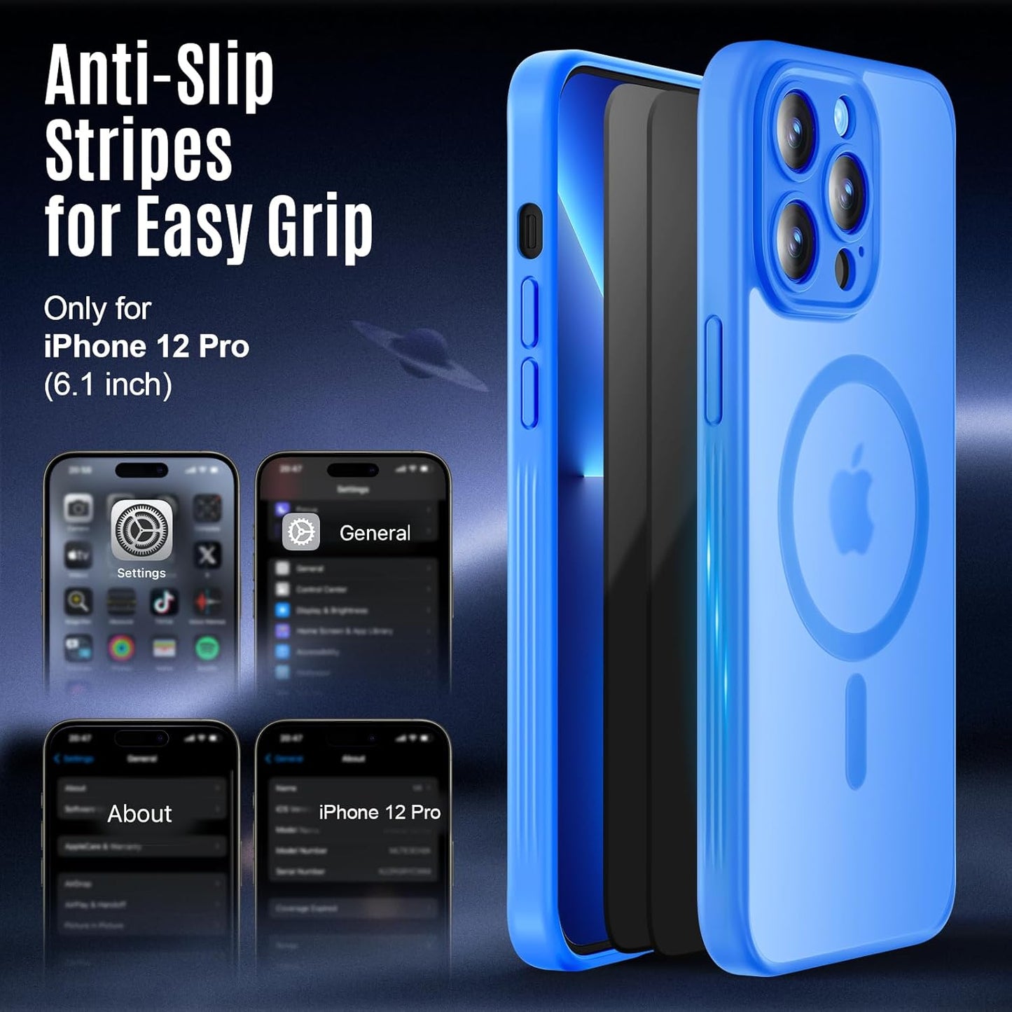 Designed for iPhone 12 Pro Case, Compatible with MagSafe, with Privacy Screen Protectors X2, [Camera Protection] [15FT Military Drop Protection] Shockproof Phone Case, 6.1", Blue