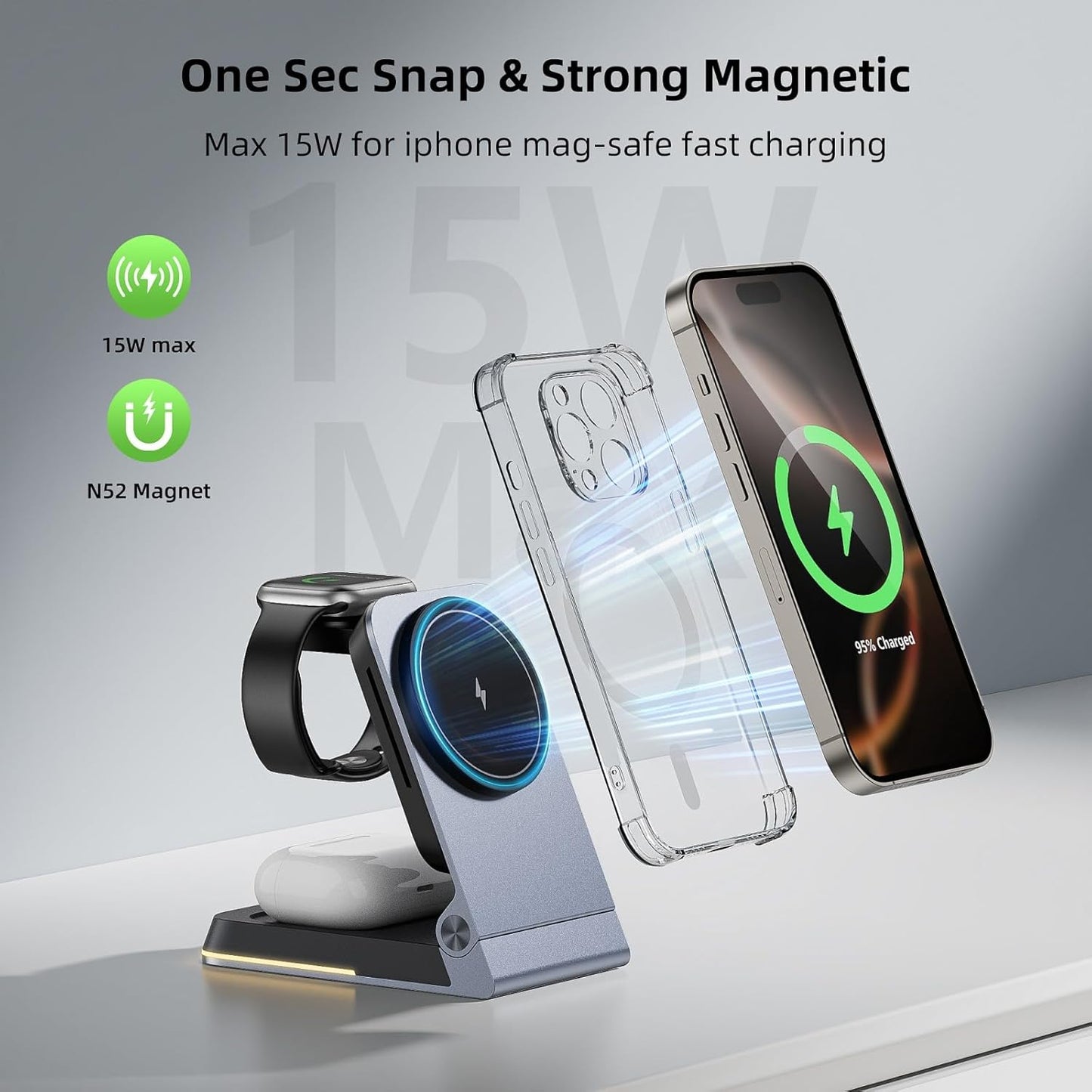 Aluminum 3 in 1 Wireless Charging Station,Foldable Wireless Charger for Apple Magsafe with Light,Portable Travel Magnetic Charger Stand for iPhone 16/15/14,Watch,Airpod, Include PD 20W Adapter & Case