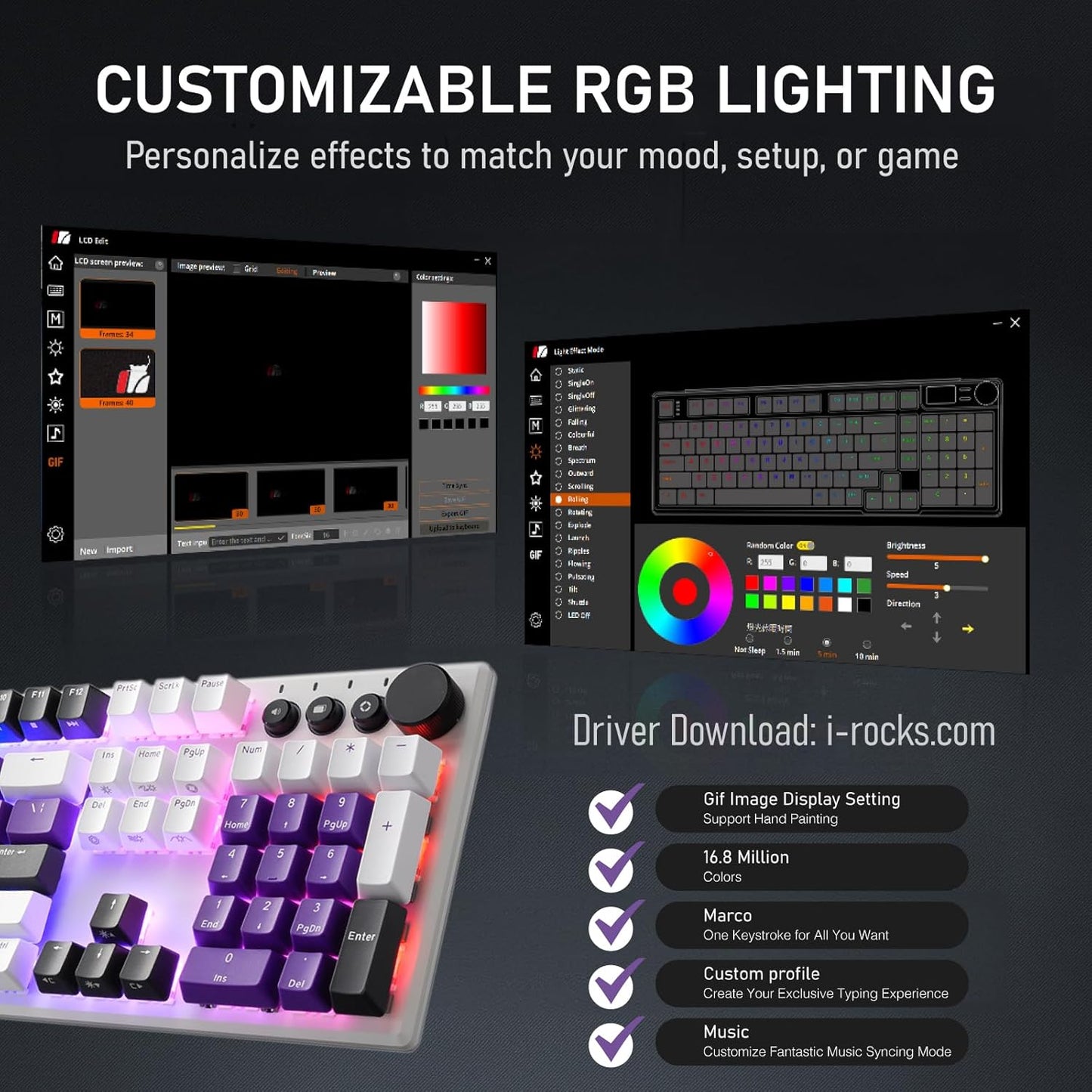 iRocks K74R Wireless RGB Illuminated Mechanical Gaming Keyboard, Hot-Swappable Switches, Floating Design, PBT 107 Keys NKRO, Detachable USB-C Cable - White Amethyst (Brown Switches)