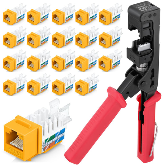 Everest easyJACK - 45° Angled Speed Termination Keystone Tool Set - with 20-Pack of RJ45 Cat6 Keystone Jacks in Yellow (Slim Profile Design) - Time Saver Network Punch Down Tool Cat6