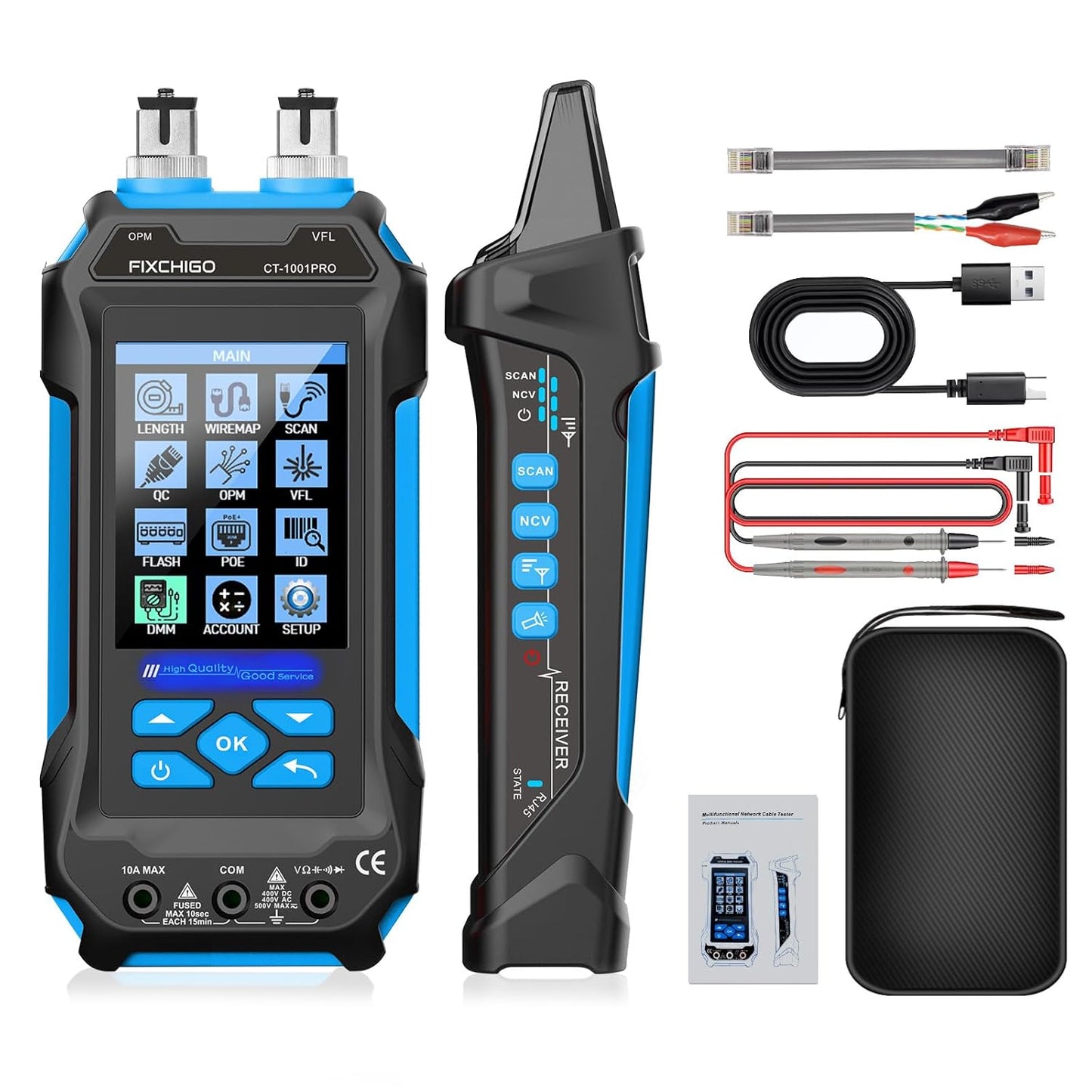 11 In 1 Network Cable Tester with 60000 Digit Multimeter 7 Wavelengths OPM 10Km/10mW VFL 600M Measurable Length 100 Records Tool Kit for CAT5 CAT6 Telephone Ethernet RJ11 RJ45 PoE Wire Tracer NCV,Blue