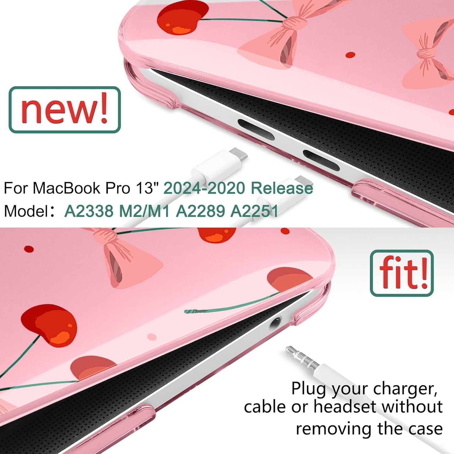 TWOLSKOO Compatible with MacBook Pro 13 inch Case 2023-2016 A2338 M2/M1 A2251 A2289 A2159 A1989 A1706, Plastic Hard Shell Cover & Keyboard Skin & Screen Protector, Cute Cherry