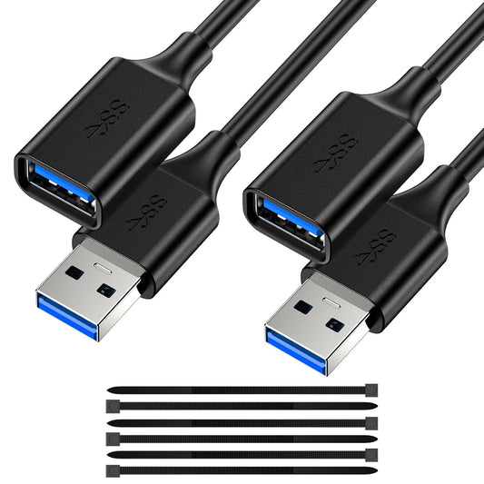 7FT USB 3.0 Extension Cable - 2 Pack, USB A Female to Male, Compatible with Flash Drive, Hard Drive, Card Reader, Webcam, Printer, Keyboard, Mouse, Playstation, Xbox, VR Headset