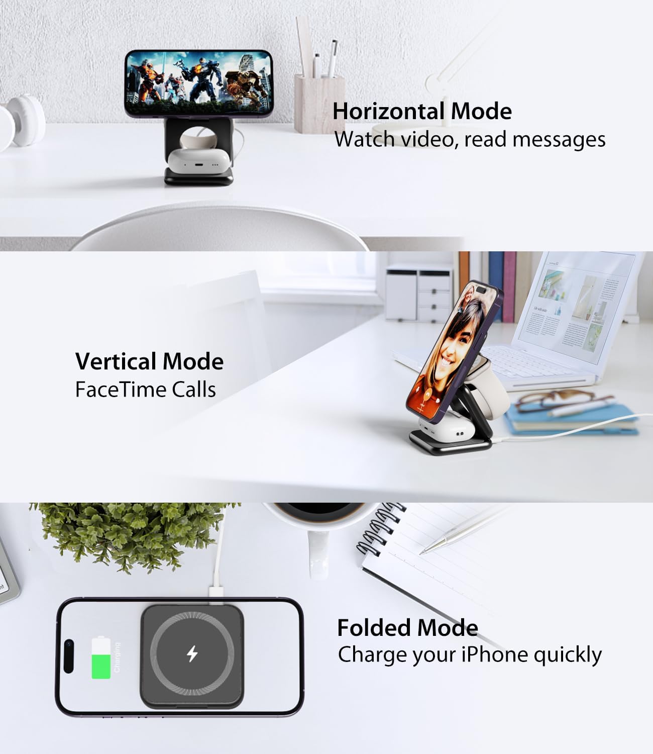 Foldable Magnetic Wireless Charger, KU XIU X40 Aluminum Alloy 3 in 1 Charging Station for Apple, Fast Charging Travel Charger for iPhone 16 15 14 13 12 Series, 5W for Apple Watch Ultra, AirPods, Black