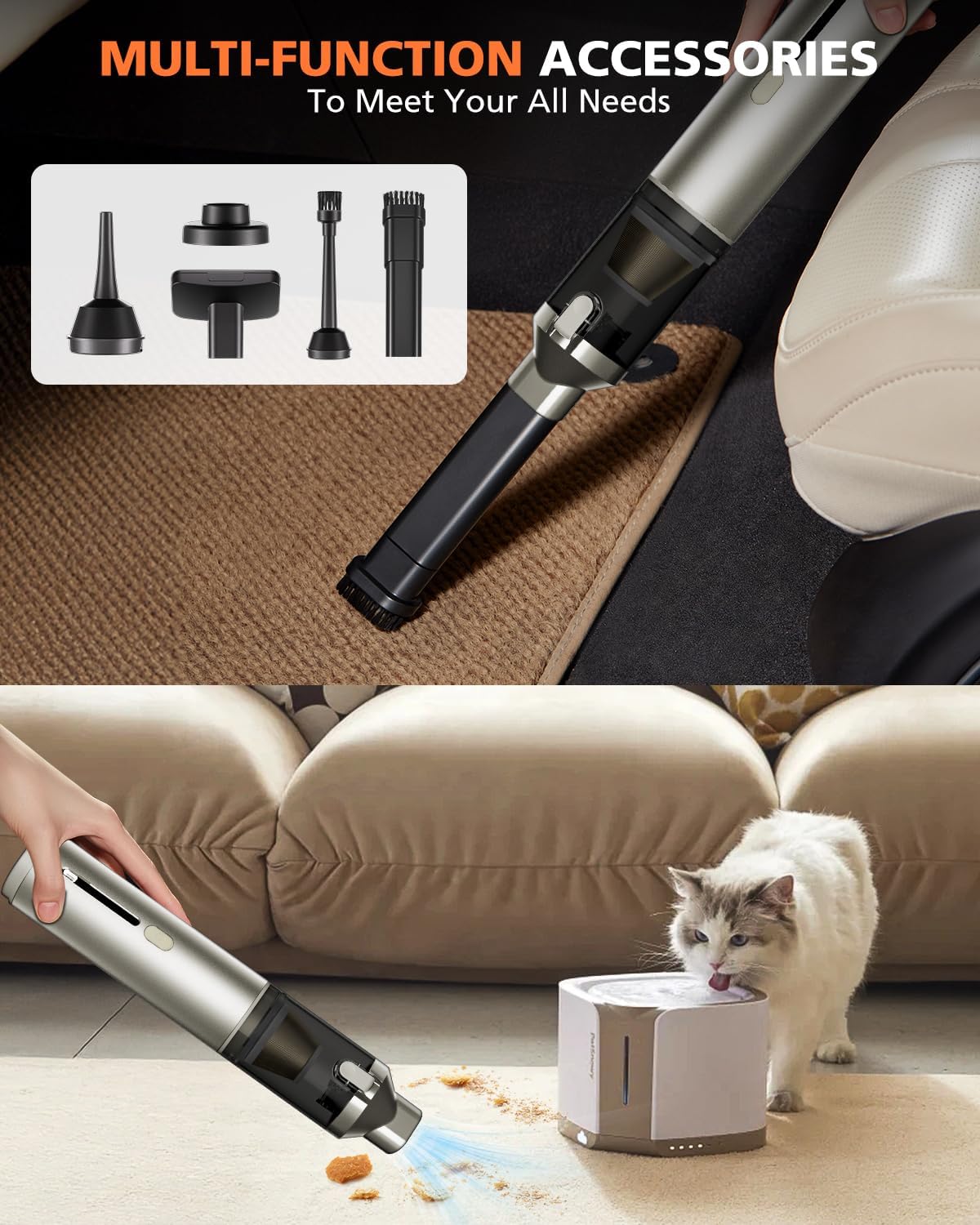 Car Vacuum Portable with 16000Pa Powerful Suction, Handheld Vacuum Cordless Rechargeable Blow & Suction 4 in 1, Small Vacuum Cleaner for Car, Outdoor, Home, Office (Gold Renew)