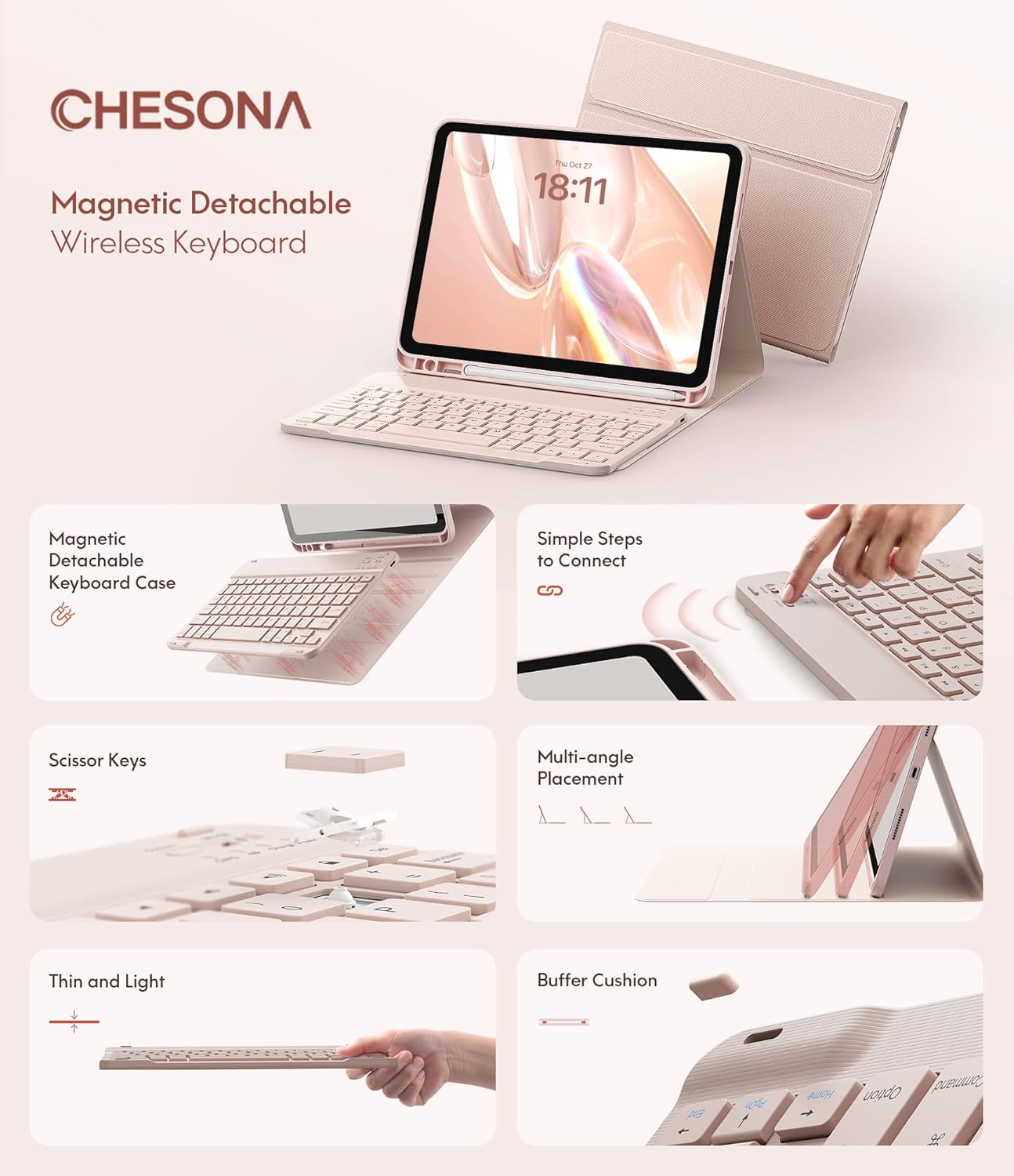 CHESONA Keyboard Case for iPad (A16) 11th/10th Generation (2025/2022), Detachable Wireless Keyboard, Stand Folio Keyboard Cover with Pencil Holder, Thin & Light (Pale Pink)