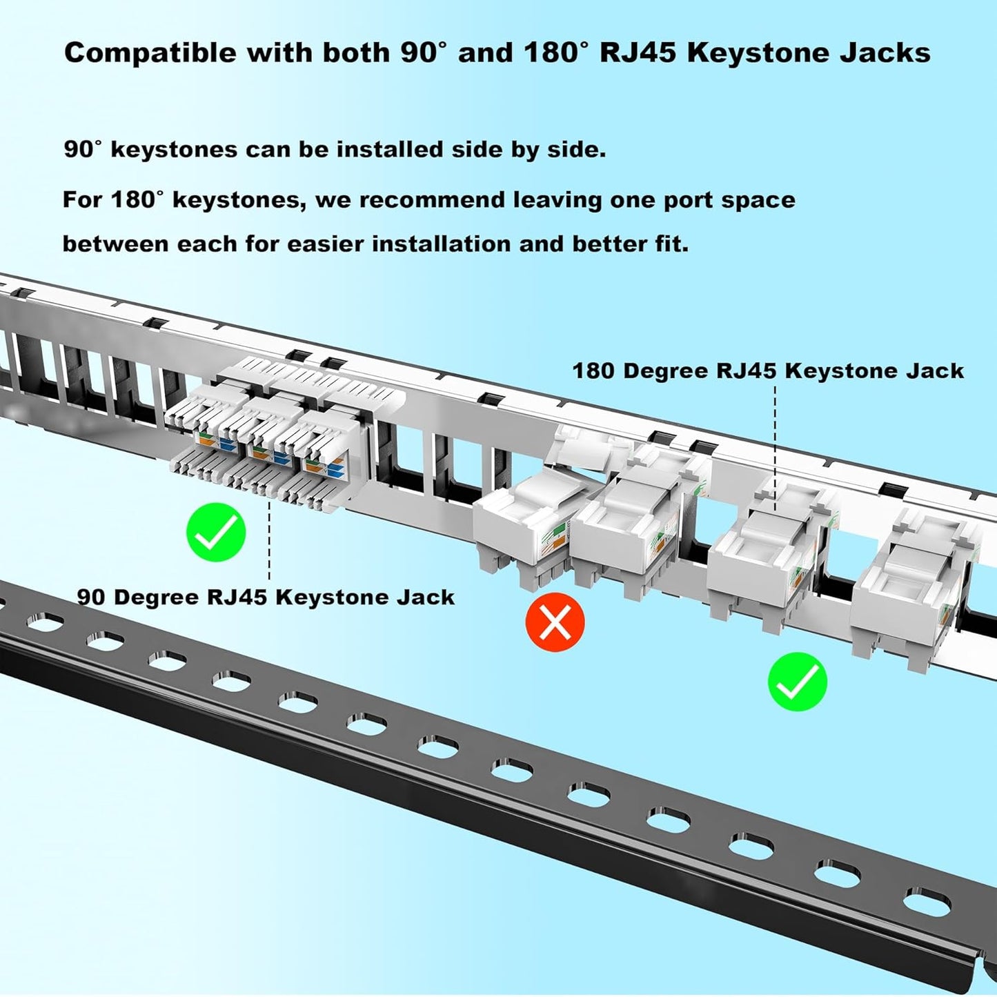 Jadaol 24 Port Blank Patch Panel, 1U 19inch Rack/Wall Mount Patch Panel with Cable Management Bar, Compatible with Cat6 Keystone Jacks, HDMI, Coax, USB, Fiber, Audio Keystone Jacks