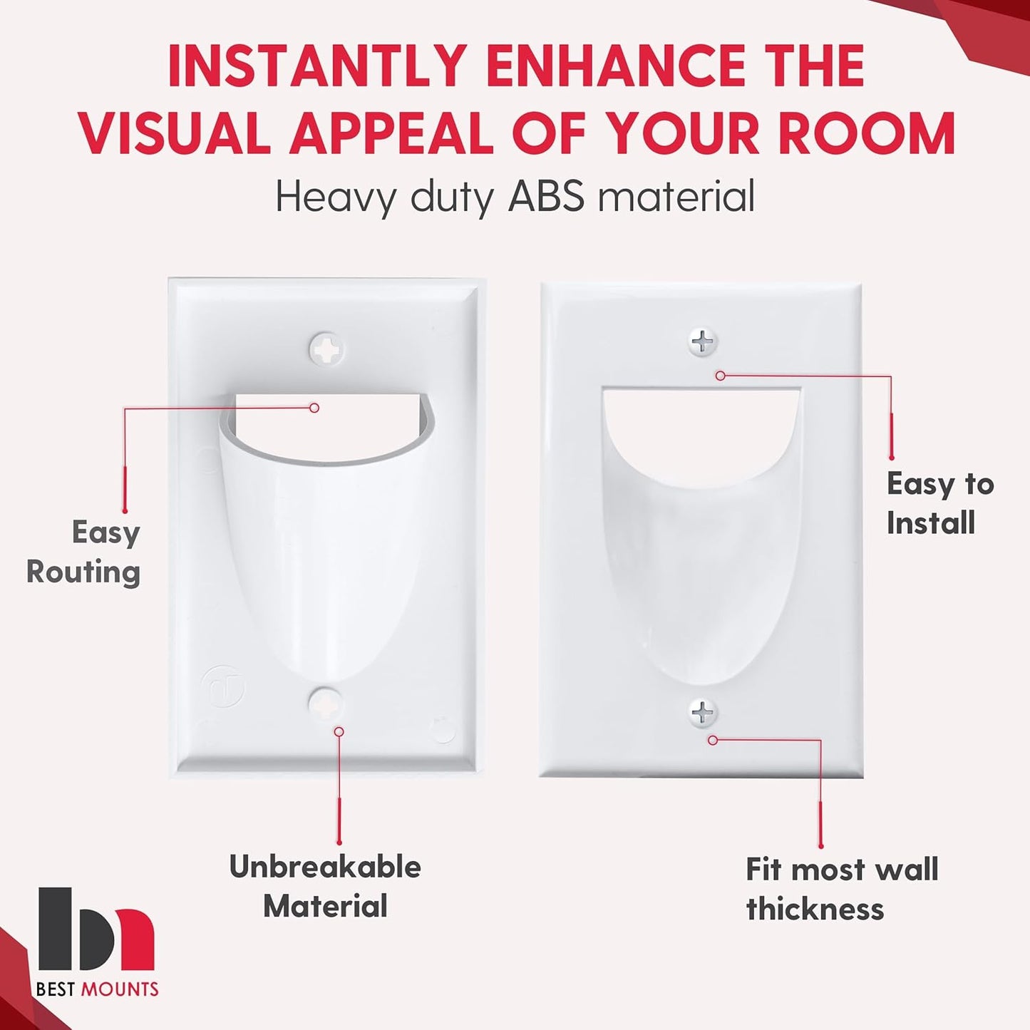 2 Pack Wall Plate with Bracket - In Wall Cable Management Kit - Recessed Wall Plate Cable Pass Through Pair with Single Gang Low Voltage Mounting Bracket - TV Cord Hider for Wall Mounted TV