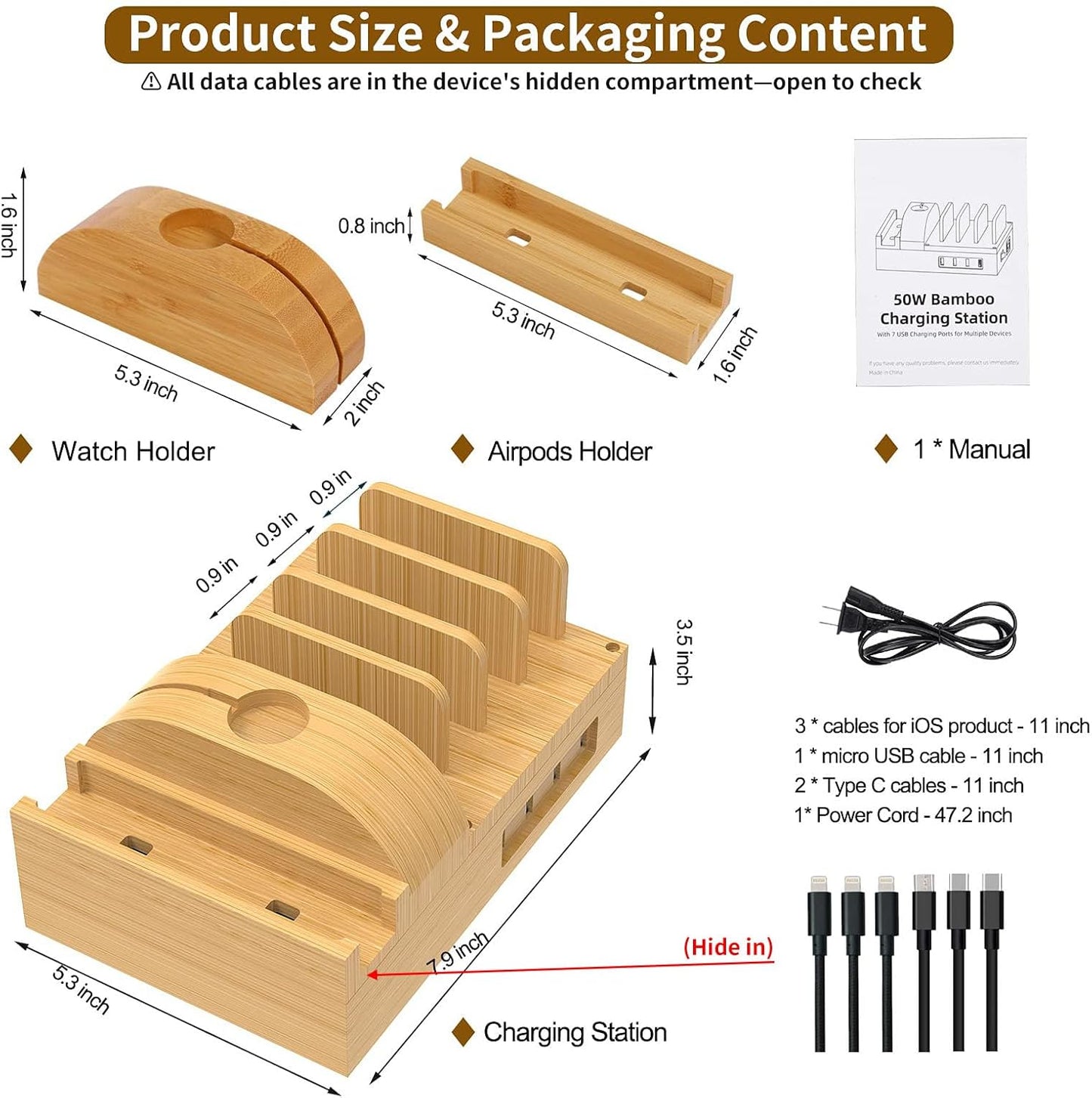 Bamboo Charging Station for Multiple Devices, Alltripal Wood Desktop Docking Station 7-Port Multi-Charger Organizer Fast USB Charger Compatible with iPhone, iPad, AirPods, iWatch, Cell Phone, Tablet