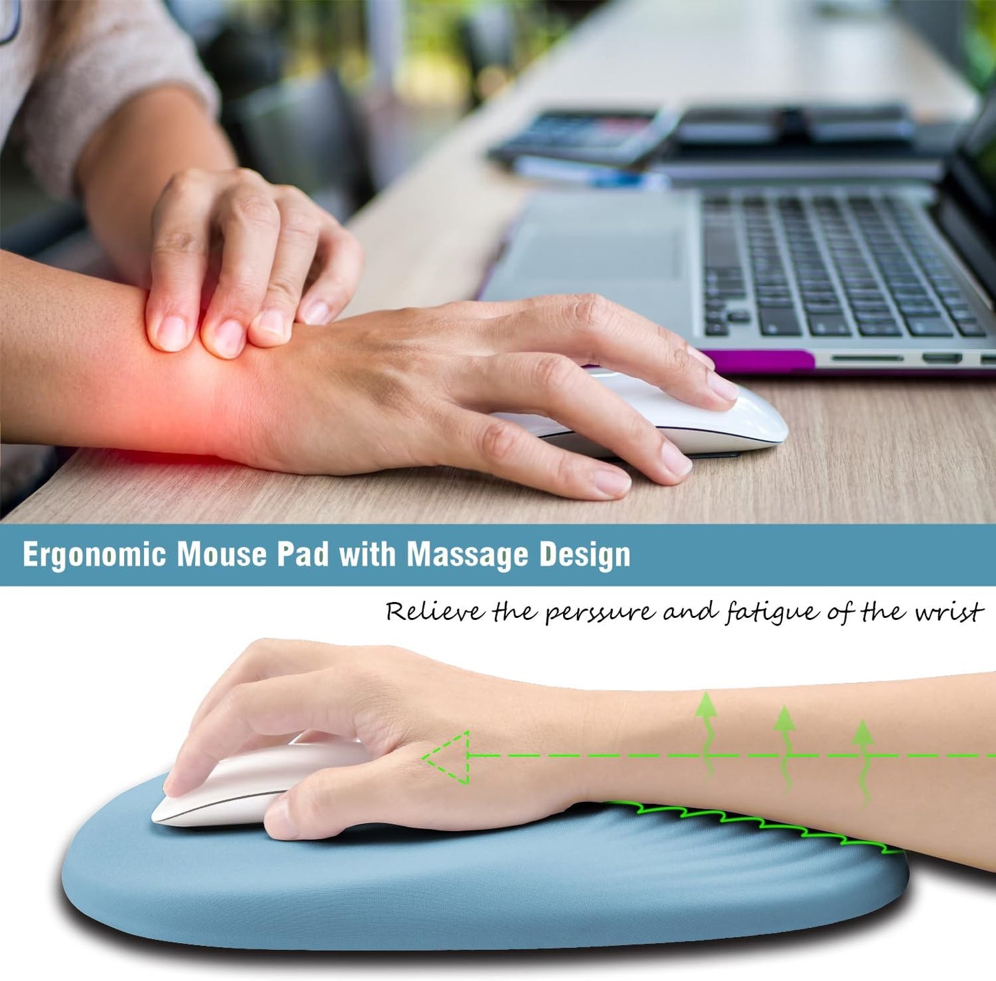 Ergonomic Mouse Pad Wrist Support, Mouse Pad with Wrist Rest, Entire Memory Foam & Non-Slip PU Base MousePads with Stepped-Wedge Design for Pain Relief, Desk, Office, Home, Sky Blue