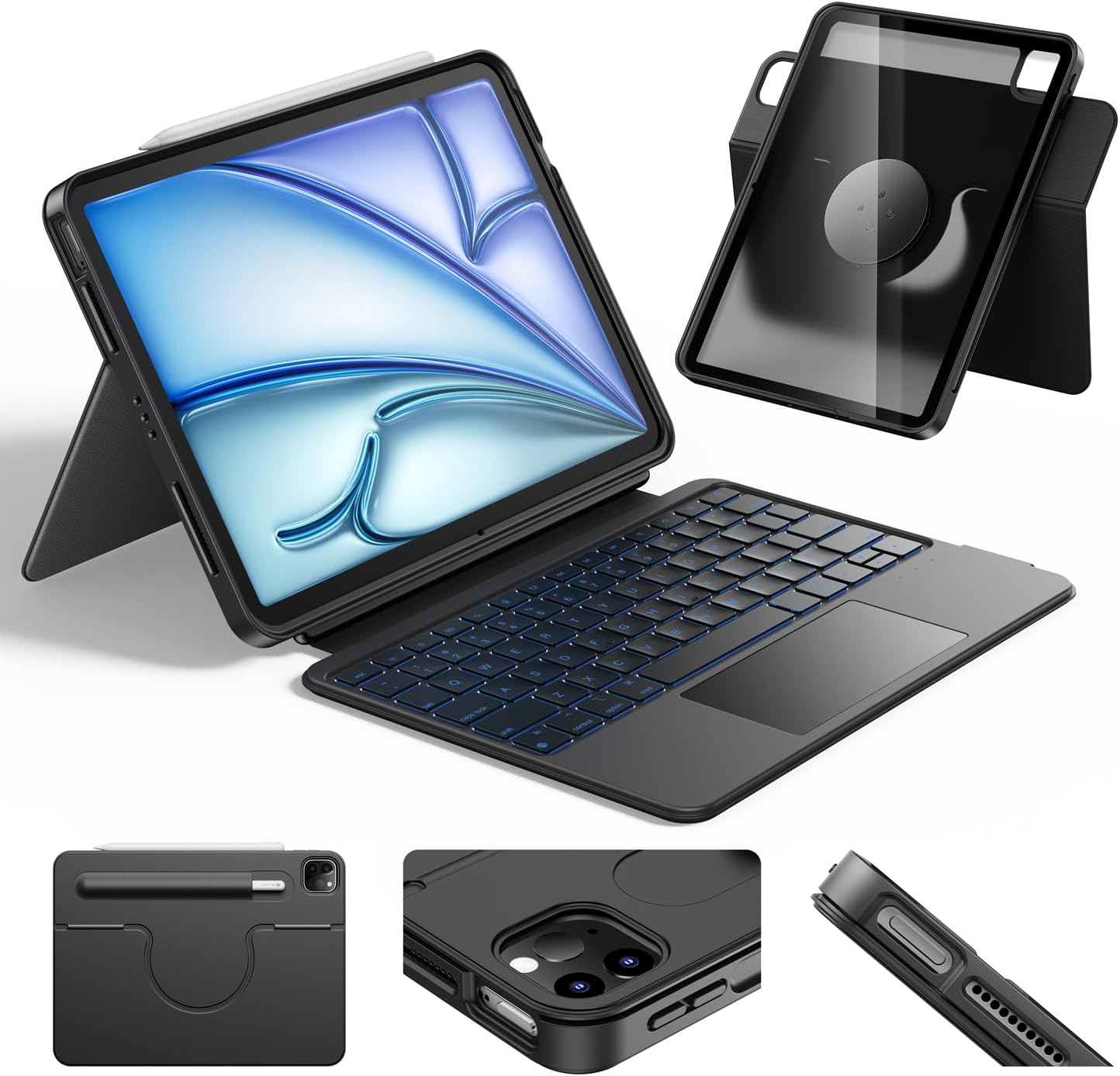 HOU for iPad Air 13 Inch Case Keyboard (M3/M2 2025), Detachable Keyboard Case for iPad Pro 13 M4 /12.9 inch 6/5/4/3rd (2024-2018), Magnetic Rotatable Stand, Multi-Touch Trackpad, 7-Color Backlight