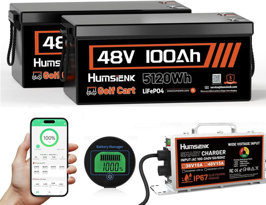 2PCS 48V Lithium Battery for Golf Cart with 48 Volt 15A Charger, Lifepo4 Batterys Built-in Bluetooth 5.0 & 200A BMS, 15000+ Deep Cycle Lithium Battery, 42-58 Mile Ranges for Golf Cart