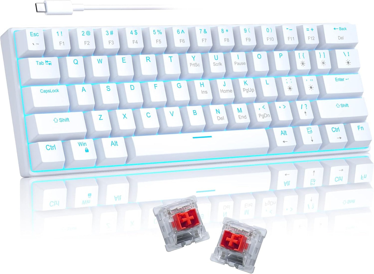 60% Mechanical Gaming Keyboard, White Gaming Keyboard with Red Switches, Detachable Type-C Cable Mini Keyboard with Blue LED Light for/PC/Laptop