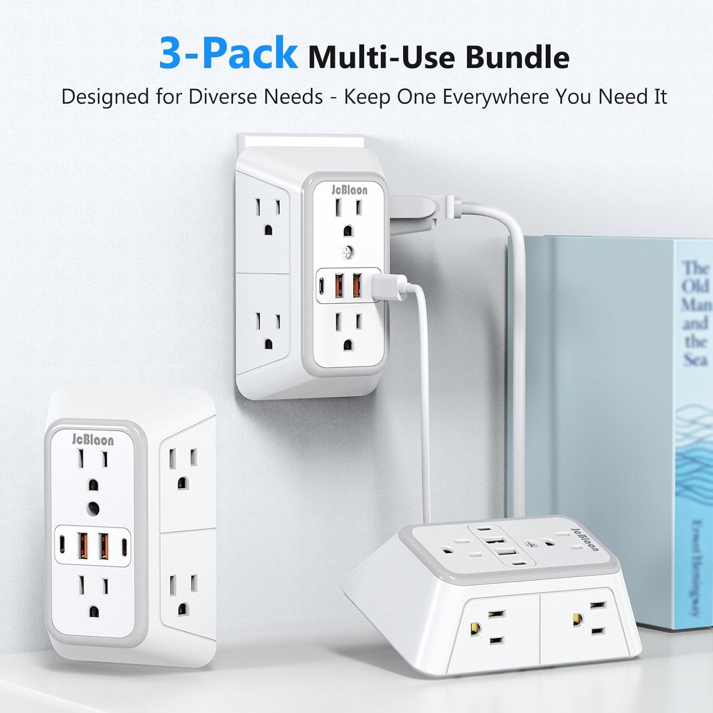 3 Pack Surge Protector Outlet Extender, 6 Outlet Splitter with 4 USB Ports (2 USB C), Multi Plug Wall Outlet 1050J Power Strip, USB Wall Charger for Home Office Kitchen Travel