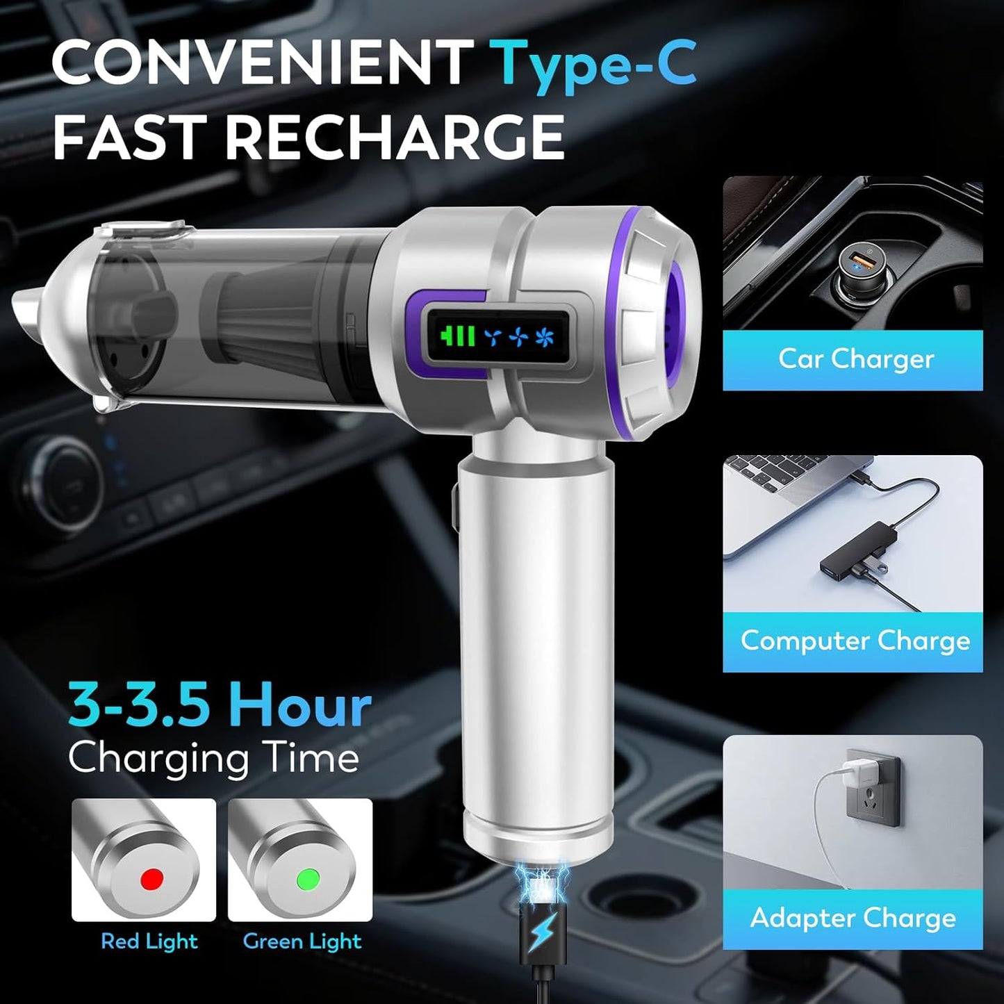 Car Vacuum Cleaner, 22000PA High Power Portable Handheld Car Vacuum & Air Duster, Mini Cordless Vacuum with LED Display, for Home, Office, Camping (Silver Purple)