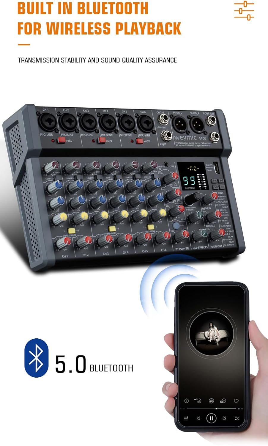 A-Series Professional Mixer for Recording DJ Stage Karaoke Music Application w/USB Drive for Computer Recording Input, XLR Microphone Jack, 48V Power, RCA Output for Professional (10-Channel)