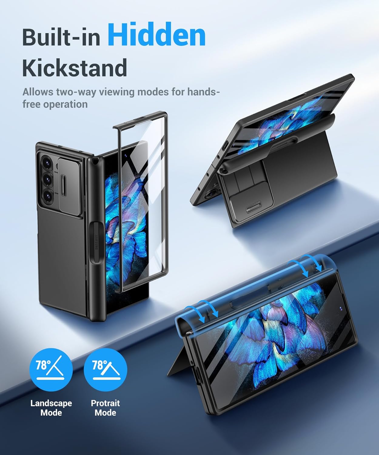 BERFY for Z Fold 7 Case with 9H Tempered Screen Protector, Military Grade Hidden Kickstand & Slide Camera Cover, Full Body Shockproof Slim Hard Phone Case for Samsung Galaxy Z Fold 7, Black