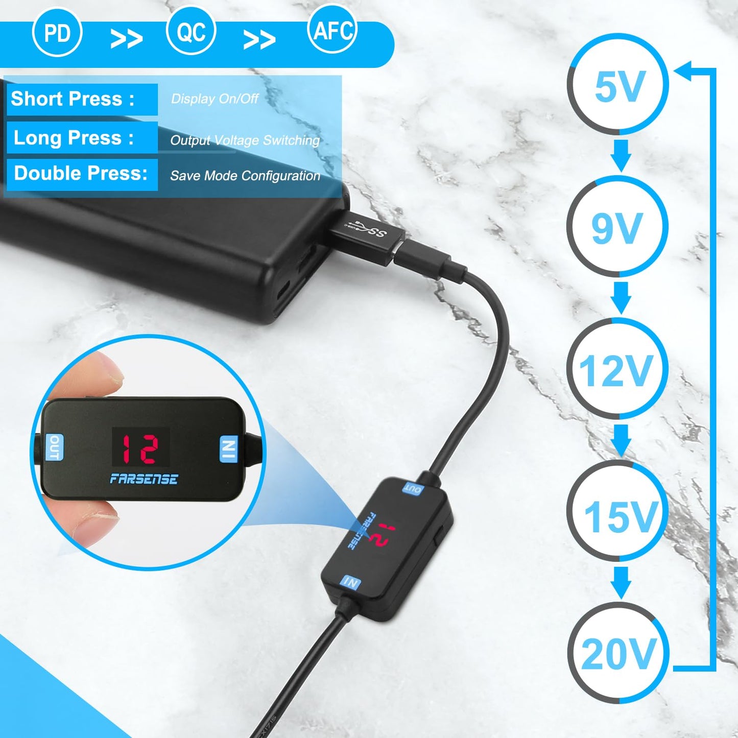 FARSENSE USB C to DC Adapter,Barrel PD Trigger Cable(3.3ft) with 10 Connector Tips,USB to DC Power Cable can Switch Voltage by Pressing The Key,Support LED Display Voltage