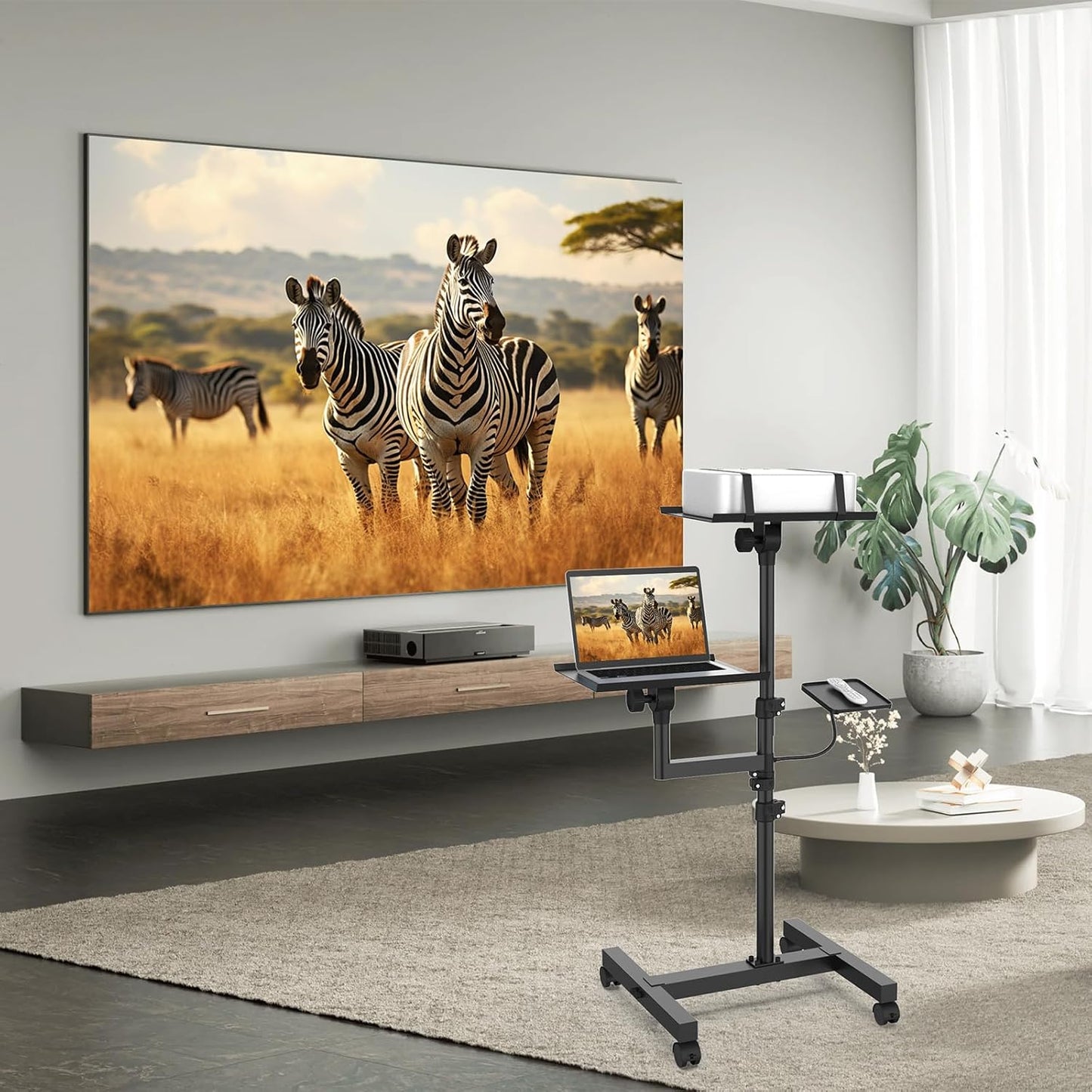 2 Shelves Mobile Projector Stand, Rolling Laptop Stand Adjustable Height to 47 Inches, Podium Stands with Ventilated Tray, Heavy Duty, Laptop Floor Stand for Office, Home, Stage, DJ