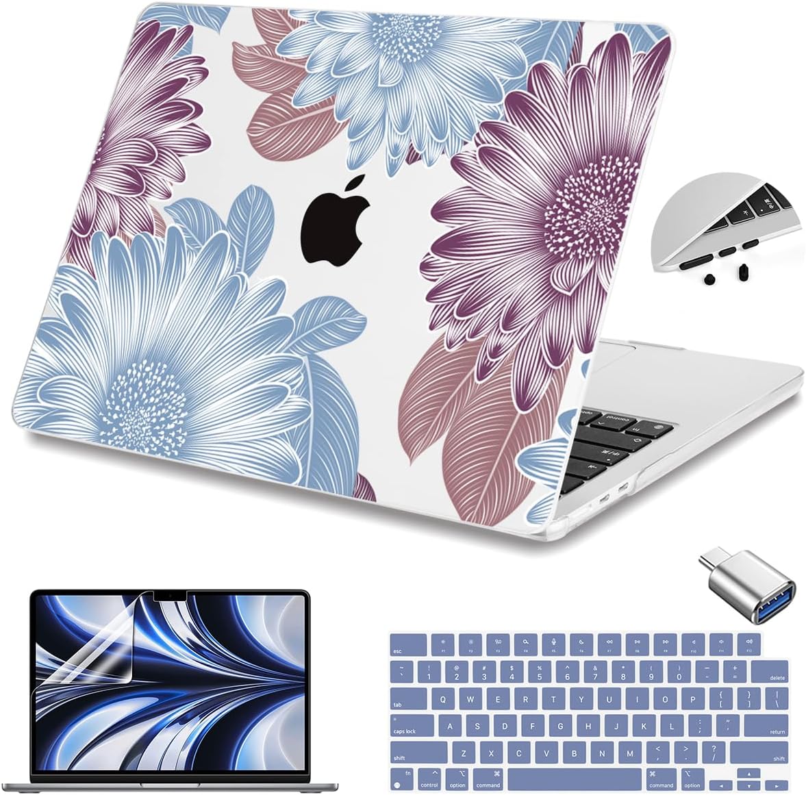 Teryeefi for MacBook Air M4 M3 M2 13.6 inch Case 2025 2024-2022,Fit Model A3240 A3113 A2681, Laptop Hard Shell Cases with Keyboard Cover & Screen Protector for MacBook Air 13.6", W-Flowers