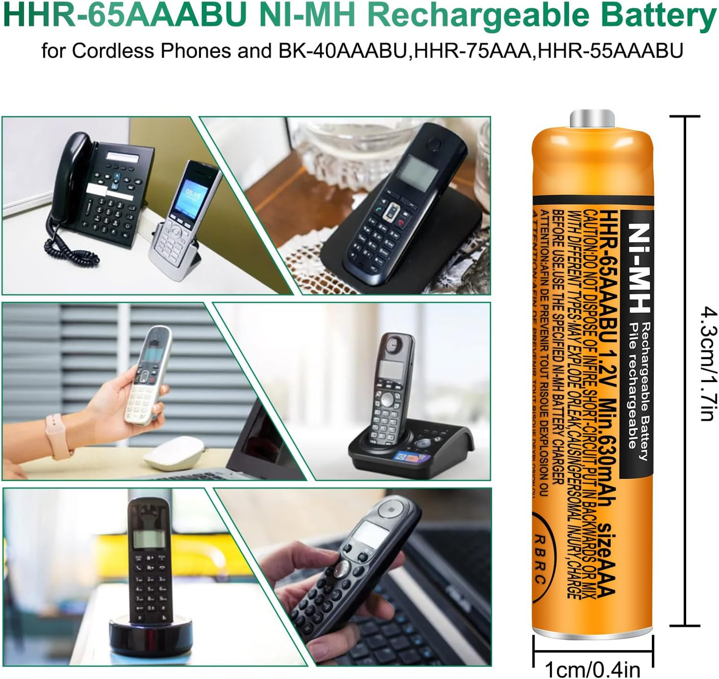 8 Pack HHR-65AAABU NI-MH Rechargeable Batteries 1.2V 630mAh AAA Battery for Panasonic Cordless Telephone Batteries
