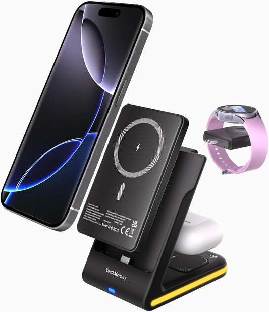 Wireless Charger 5 in 1 Magnetic Charging Station Stand with Portable Power Bank for Apple/Samsung Multiple Devices for Apple Watch 10-2,iPhone 16 15-12 Pro Max/Samsung Galaxy S25 Ultra S24-S8