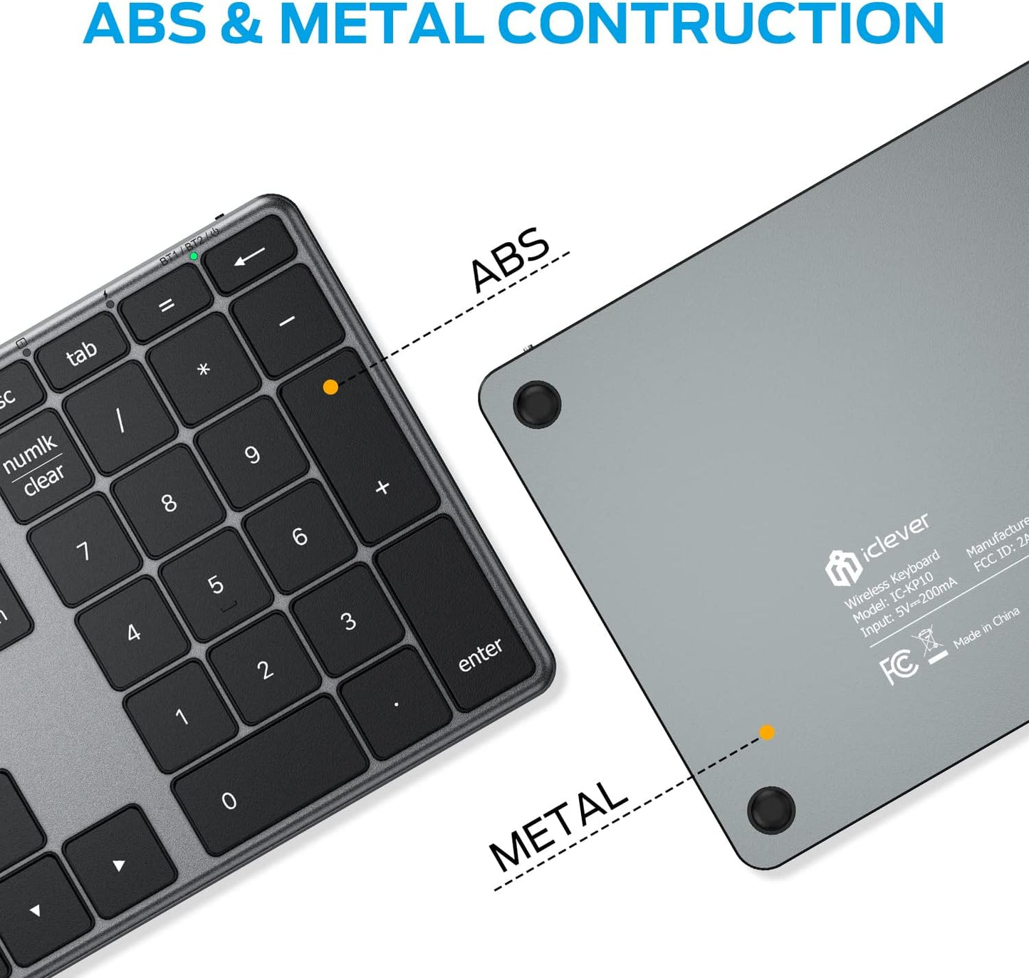 iClever Number Pad, Aluminum Wireless Number Pad for Multi Devices, USB-C Rechargeable, External 34-Keys Bluetooth Keyboard for Data Entry, Compatible for Laptop, Mac, iMac, Tablet, PC Desktop