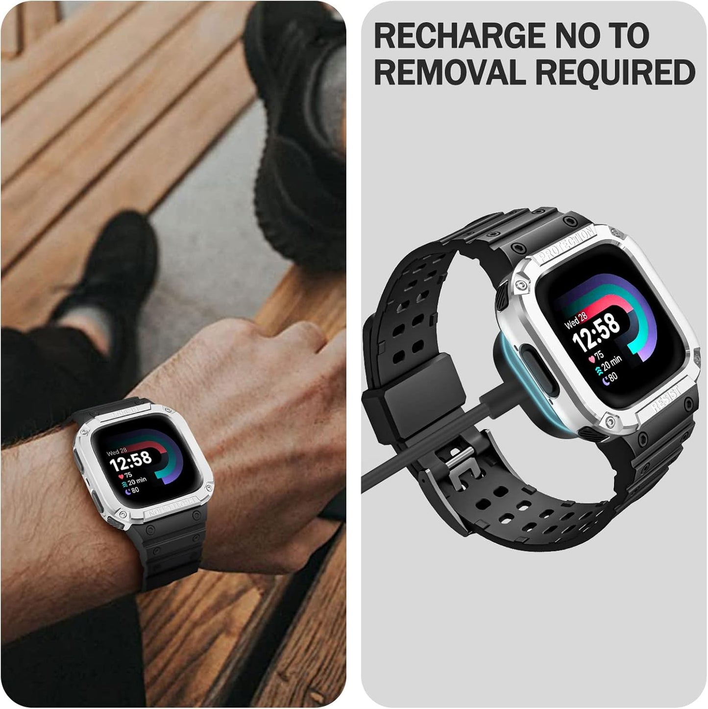 FINTIE Bands with Case Compatible with Fitbit Versa 4/3/2/1/Versa Lite/Fitbit Sense 2/Sense, Protective Case Strap Rugged Sport Band Men, Black/Silver
