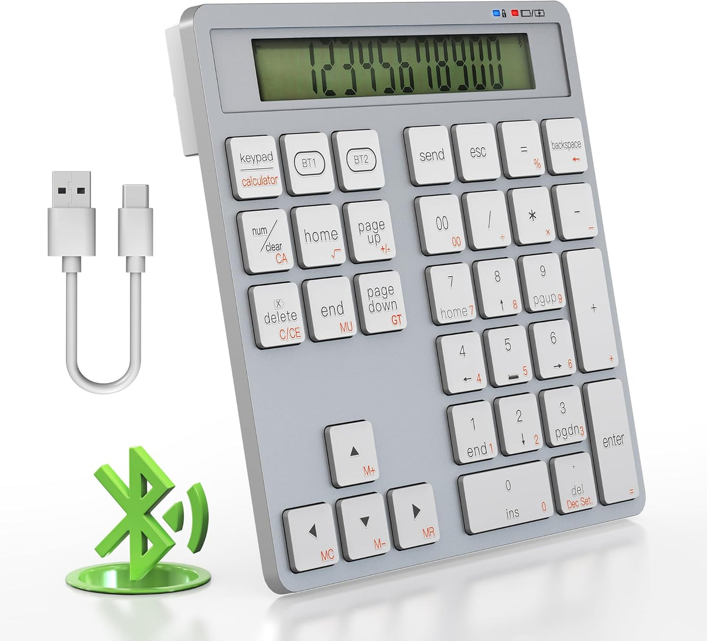 2-in-1 Wireless Number Pad & Calculator, Bluetooth 5.0 Numeric Keypad with USB-C Charging, 34-Key Portable Number Pad for Laptop, MacBook, PC, Windows, iOS & Android Devices